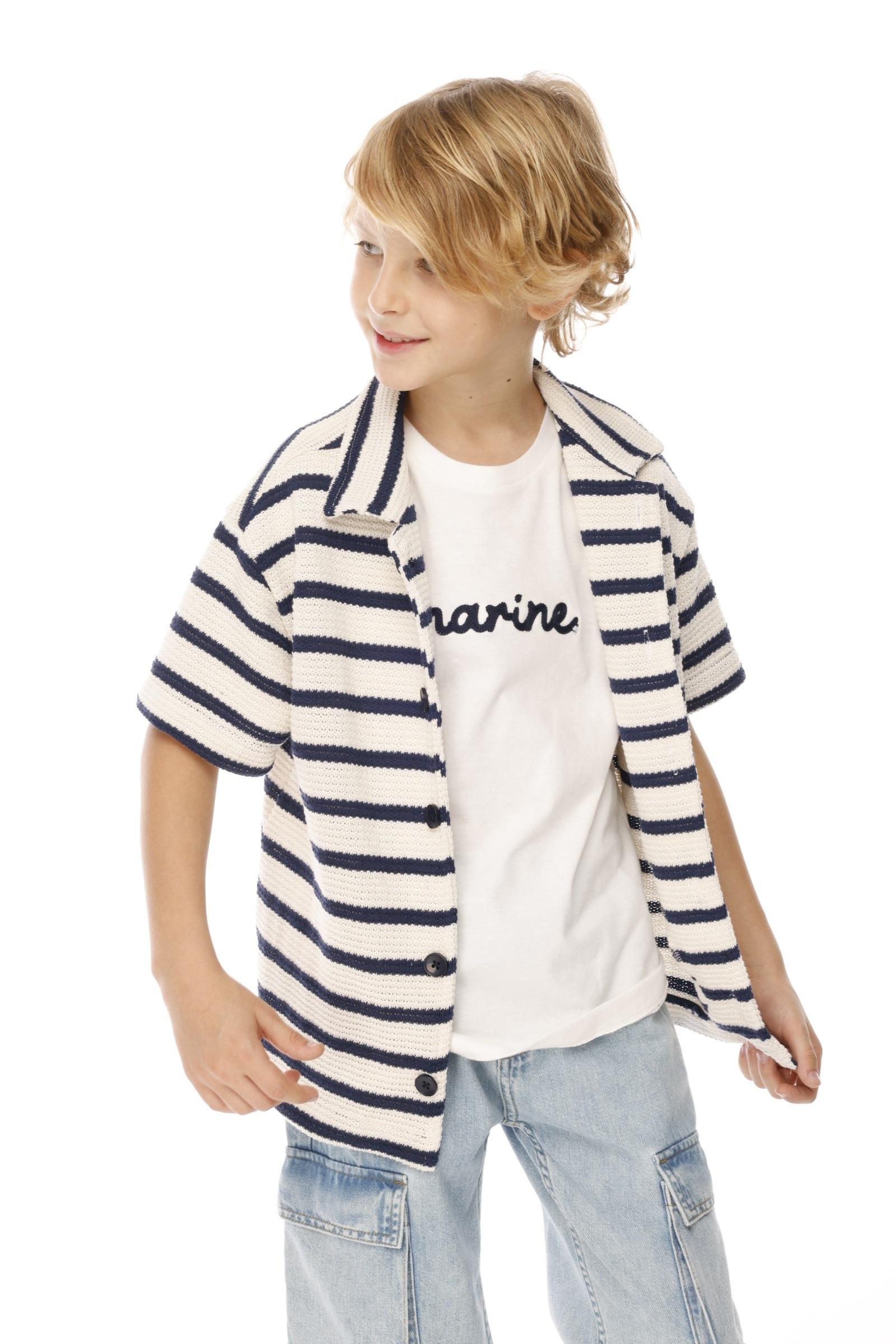 Jena Erkek Çocuk Çizgili Triko Gömlek 8-14Yaş Lacivert