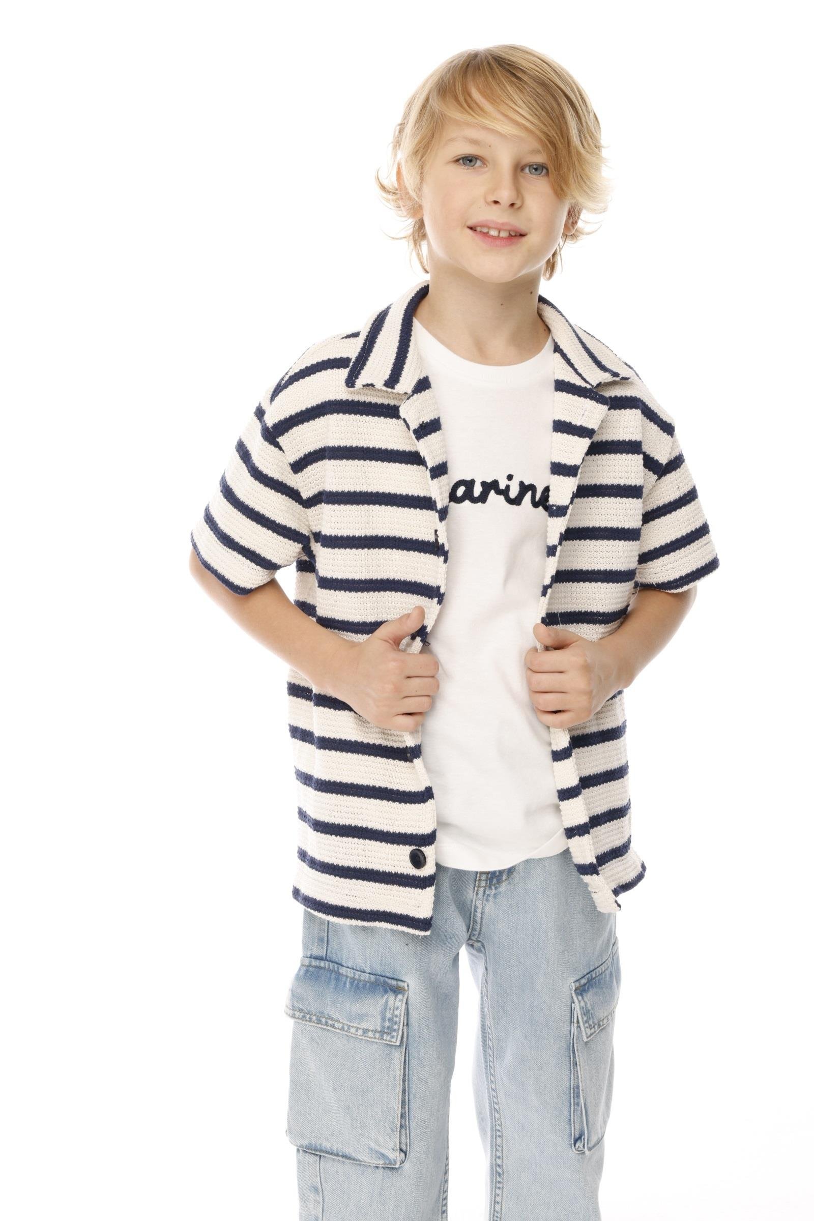 Jena Erkek Çocuk Çizgili Triko Gömlek 8-14Yaş Lacivert