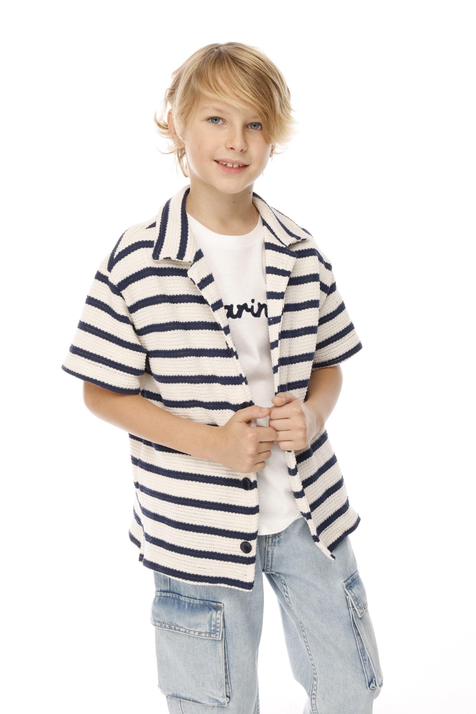 Jena Erkek Çocuk Çizgili Triko Gömlek 8-14Yaş Lacivert
