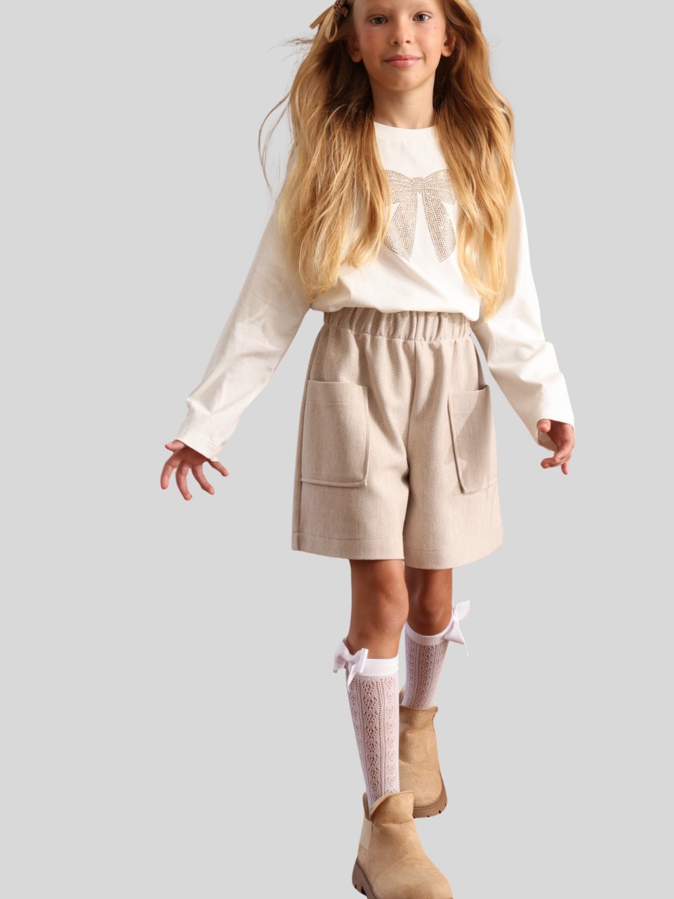 Jena Kız Çocuk Balık Sırtı Şort 7-14 Yaş Bej