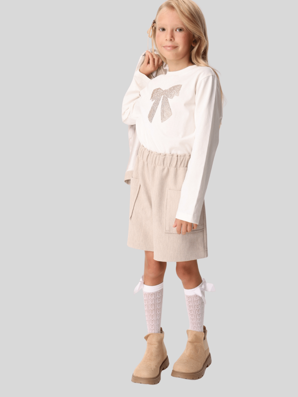 Jena Kız Çocuk Balık Sırtı Şort 7-14 Yaş Bej