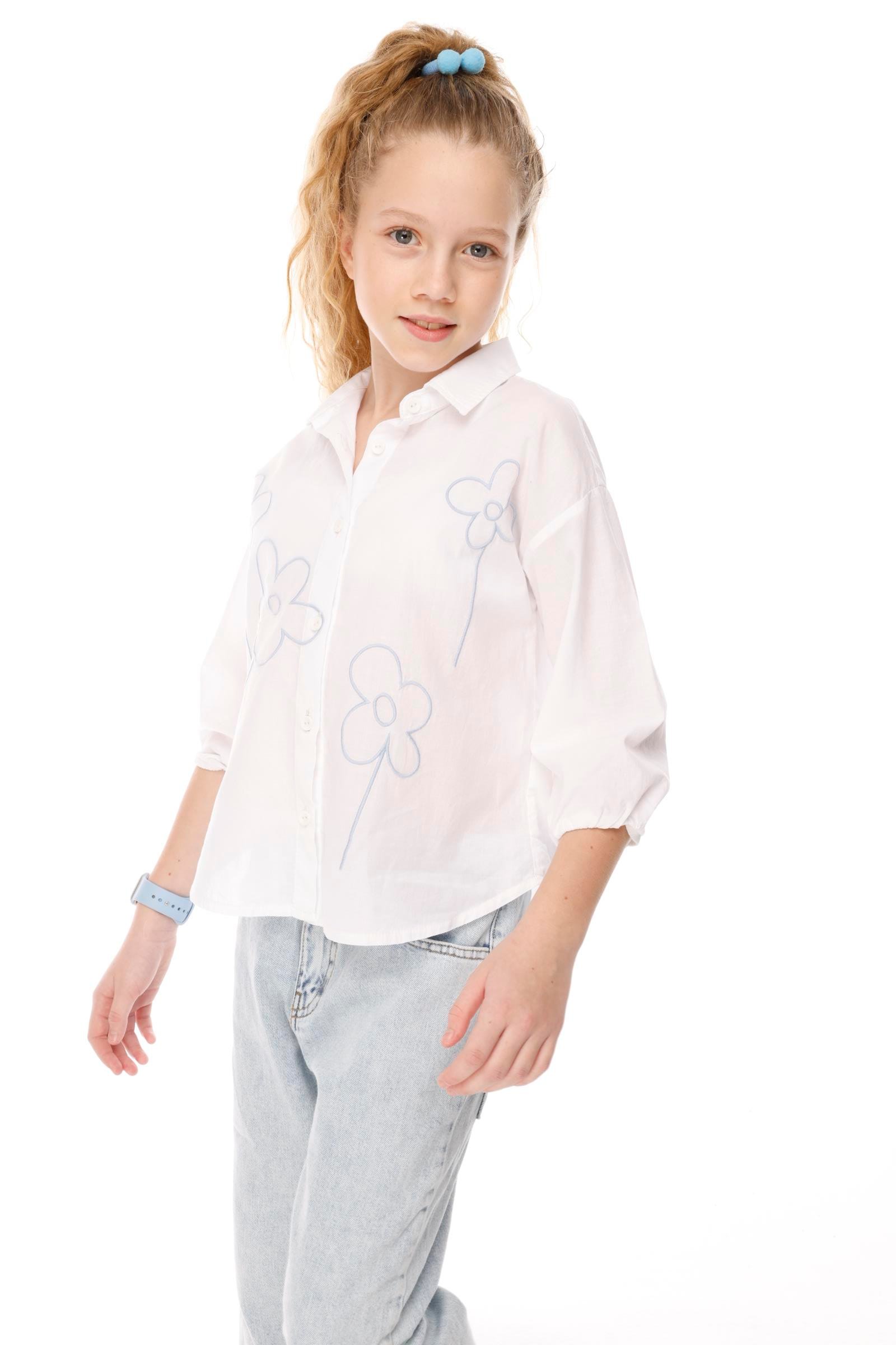 Jena Kız Çocuk Çiçek Nakışlı Gömlek 8-14 Yaş Mavi