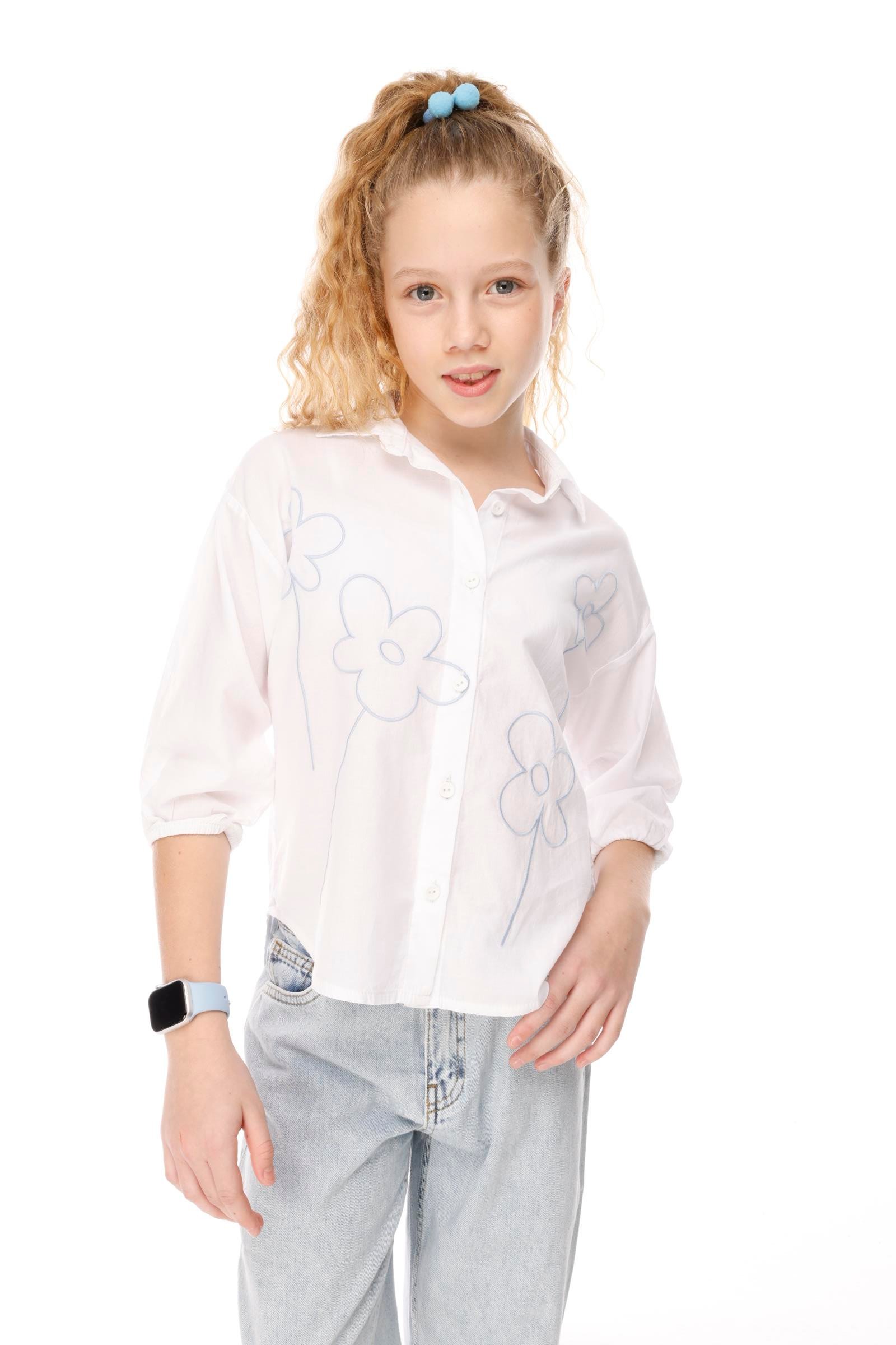 Jena Kız Çocuk Çiçek Nakışlı Gömlek 8-14 Yaş Mavi