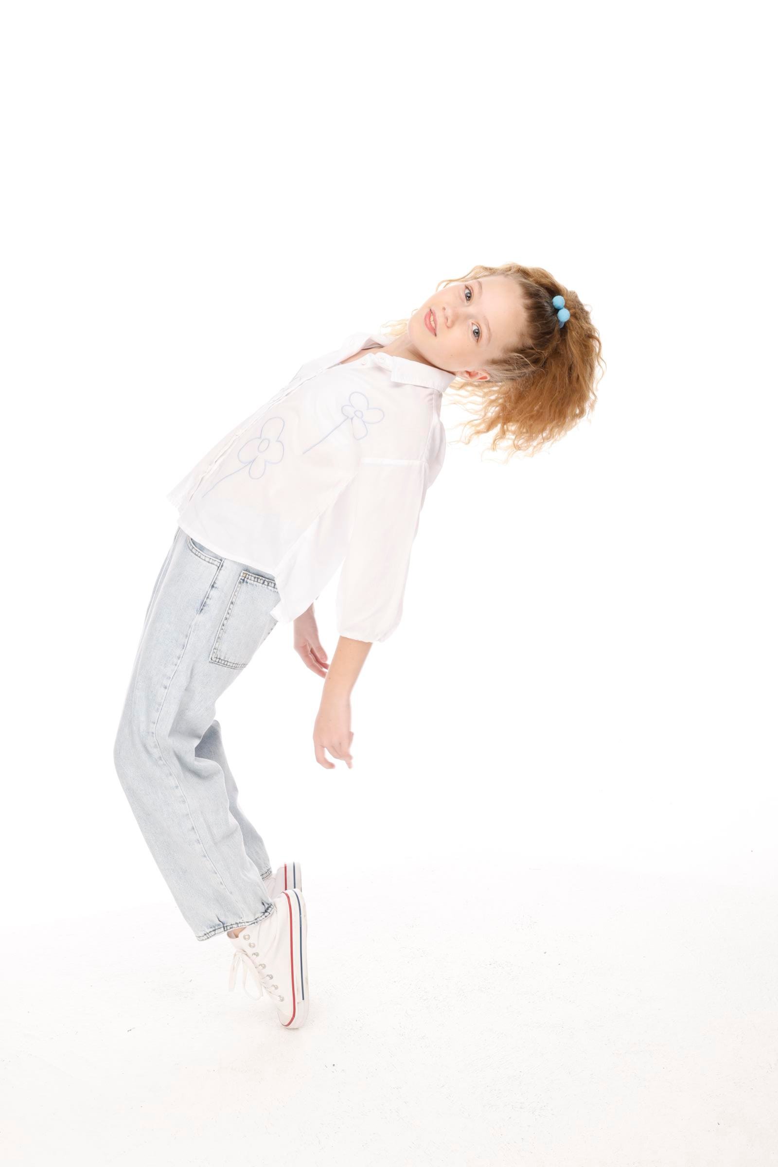 Jena Kız Çocuk Çiçek Nakışlı Gömlek 8-14 Yaş Mavi