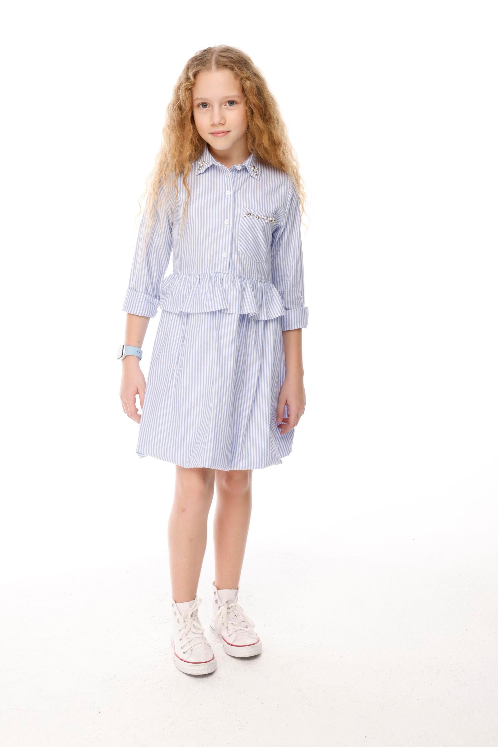 Jena Kız Çocuk Çizgili Taşlı Elbise 8-14 Yaş Mavi