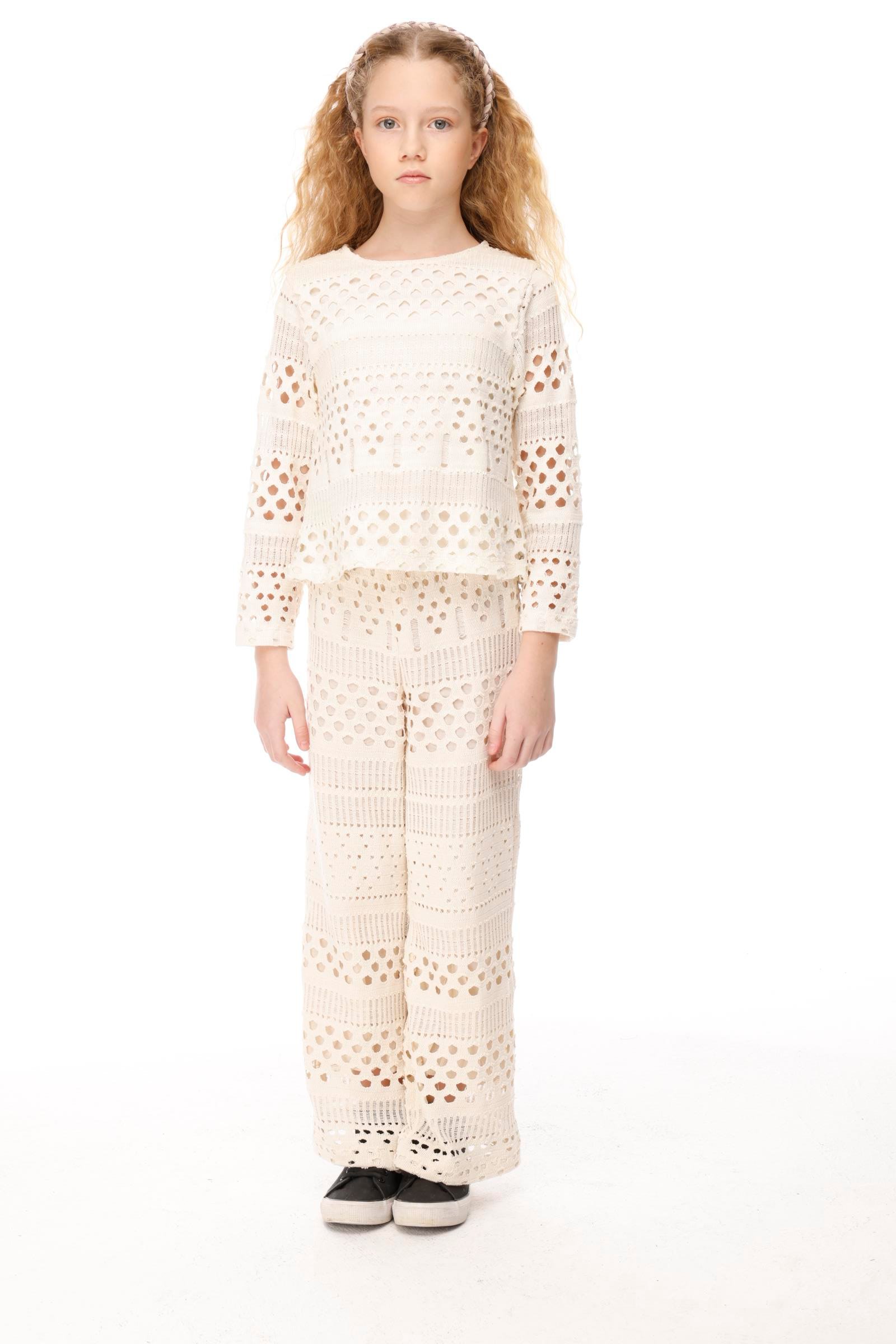 Jena Kız Çocuk Delikli Triko Bluz 8-14Yaş Ekru