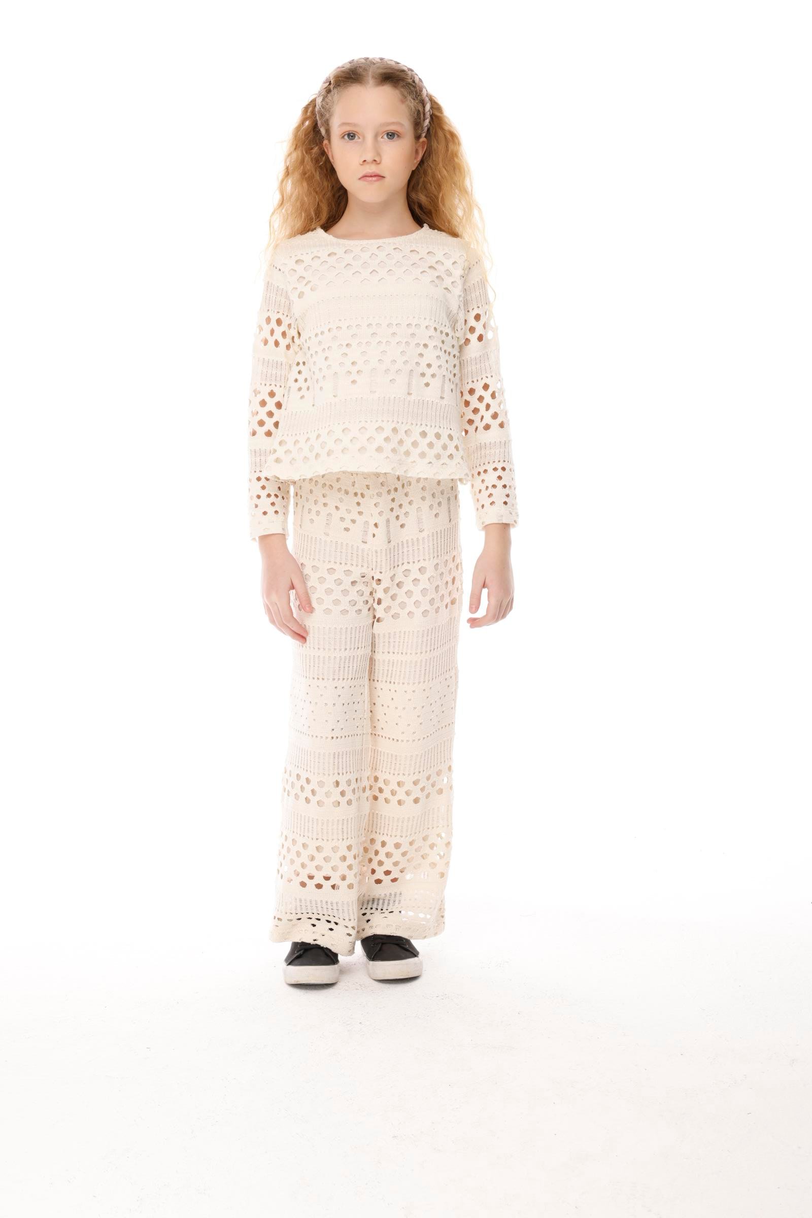 Jena Kız Çocuk Delikli Triko Bluz 8-14Yaş Ekru