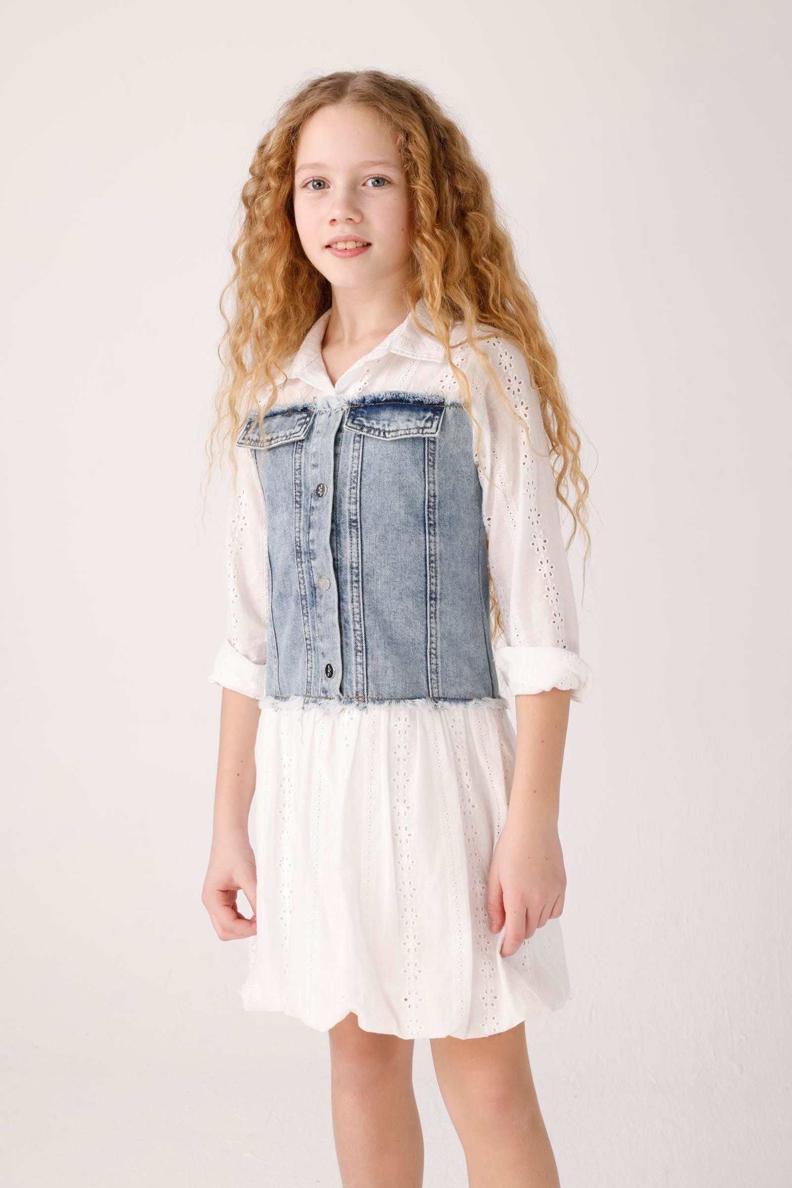 Jena Kız Çocuk Denim Parçalı Brode Elbise 8-14 Yaş Mavi