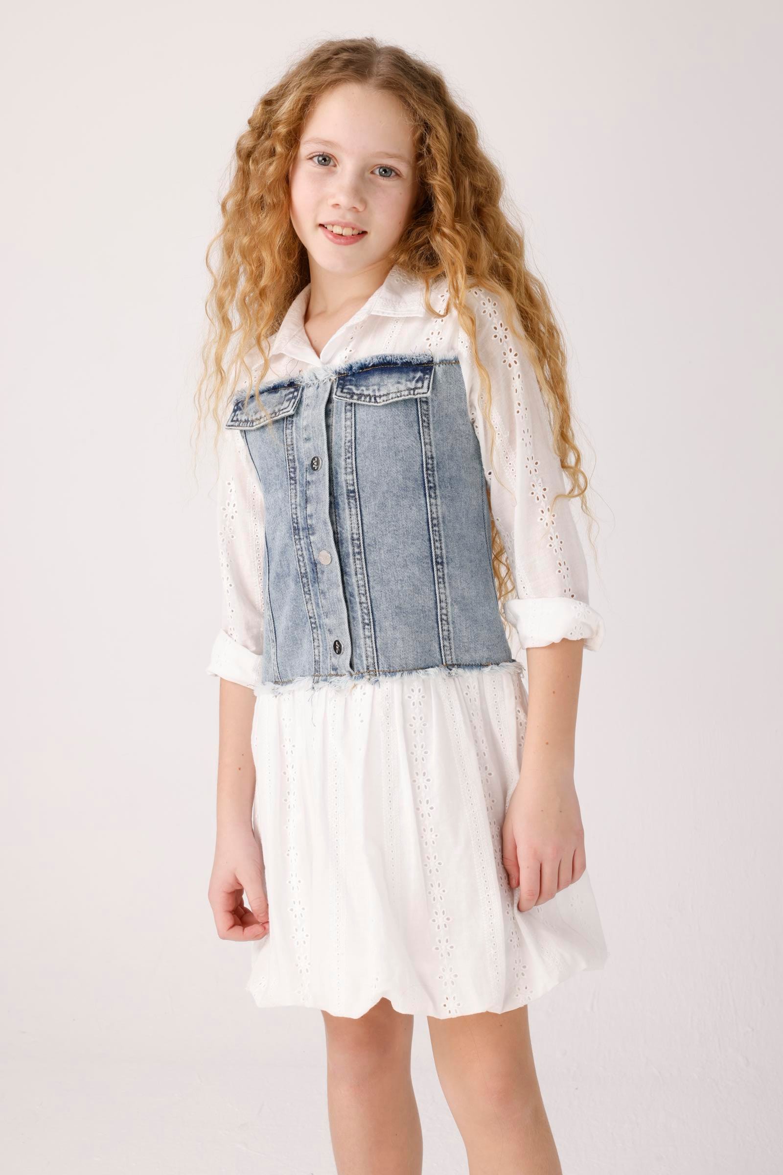 Jena Kız Çocuk Denim Parçalı Brode Elbise 8-14 Yaş Mavi