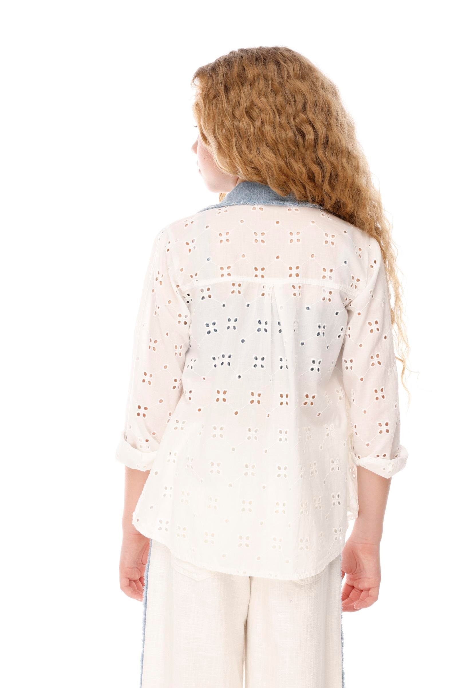 Jena Kız Çocuk Denim Parçalı Gömlek 7-14 Yaş Beyaz