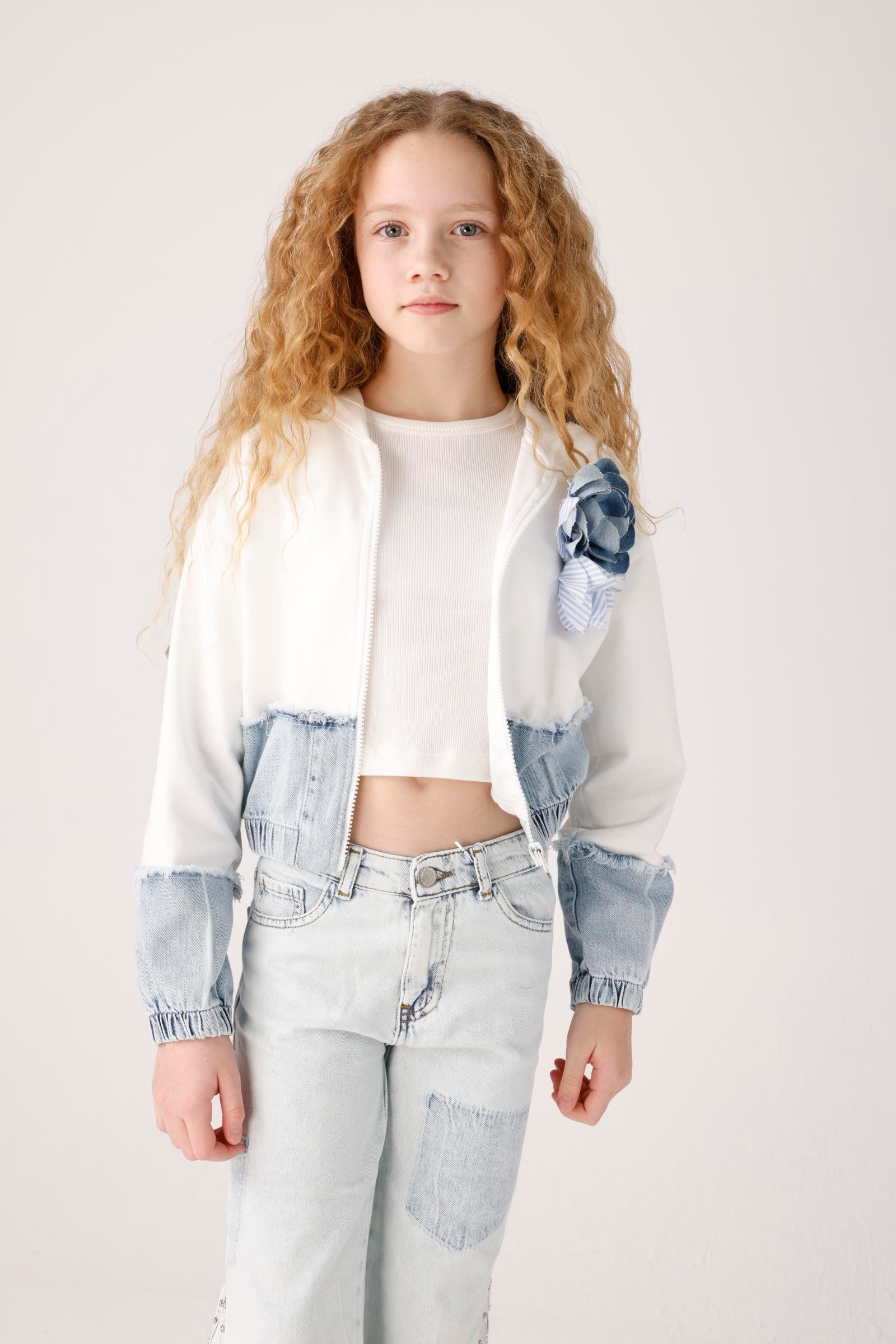 Jena Kız Çocuk Denim Parçalı Sweatshirt 8-14 Yaş Ekru