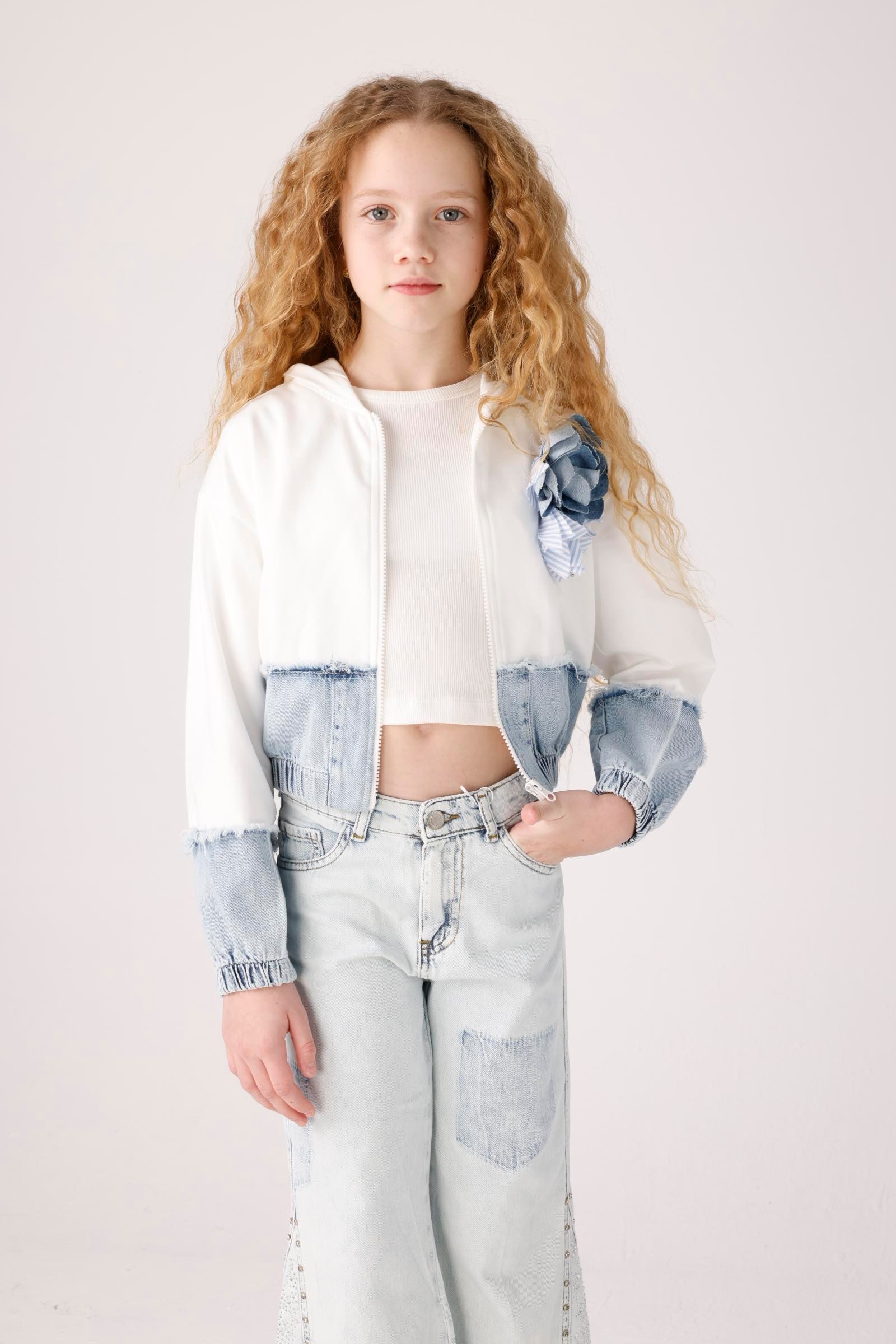 Jena Kız Çocuk Denim Parçalı Sweatshirt 8-14 Yaş Ekru