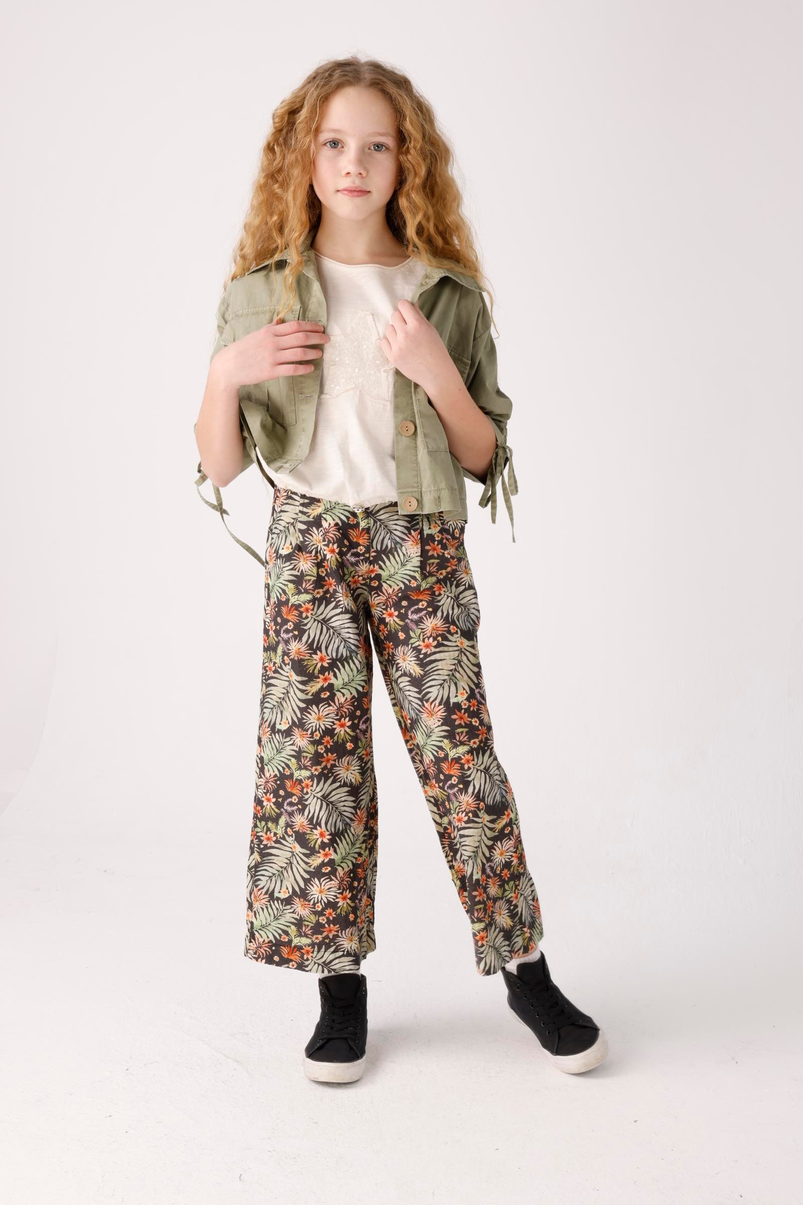 Jena Kız Çocuk Desenli Gofre Pantolon 8-14Yaş Siyah