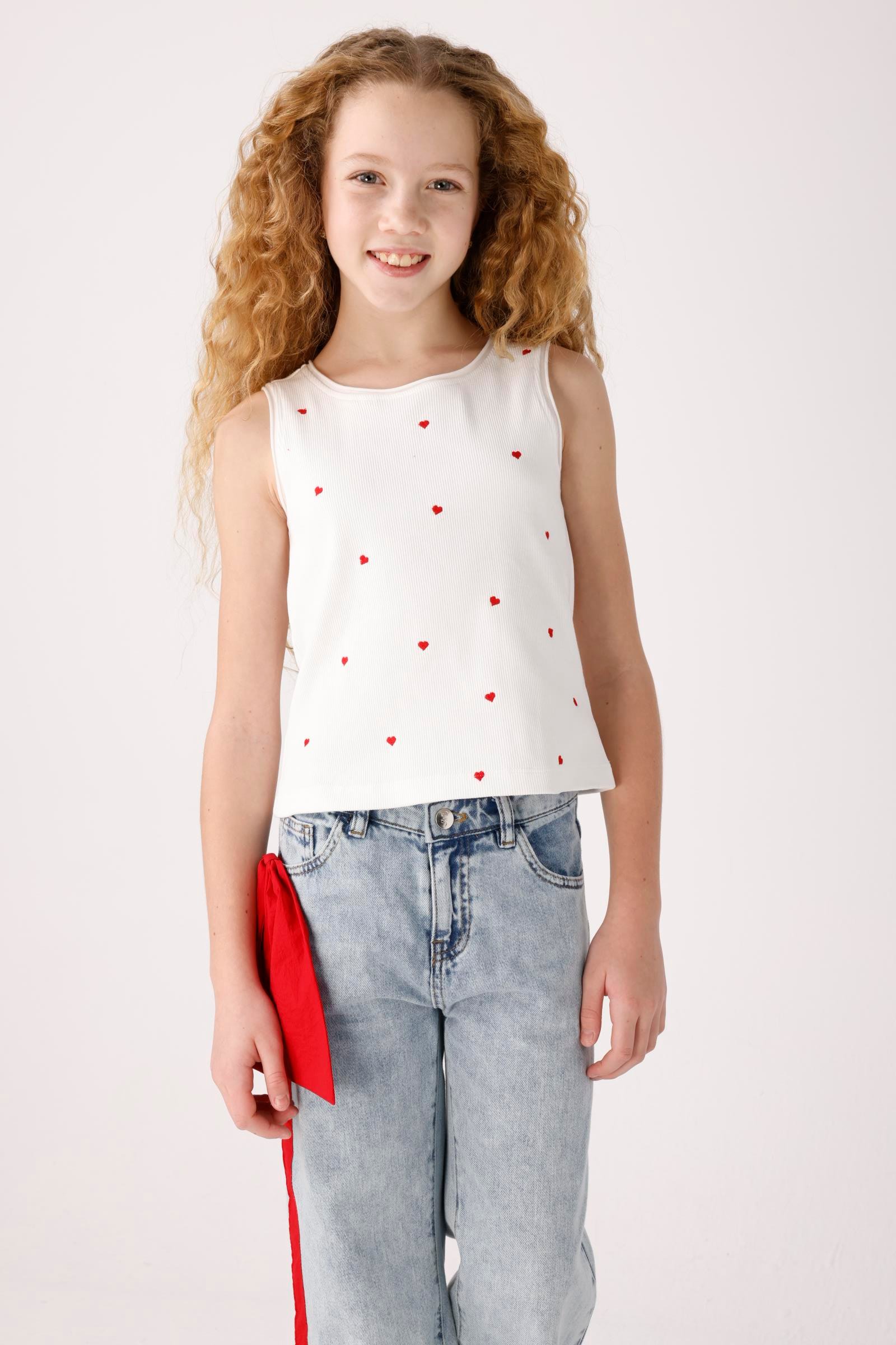 Jena Kız Çocuk Kalp Nakışlı Atlet 3-8 Yaş Ekru