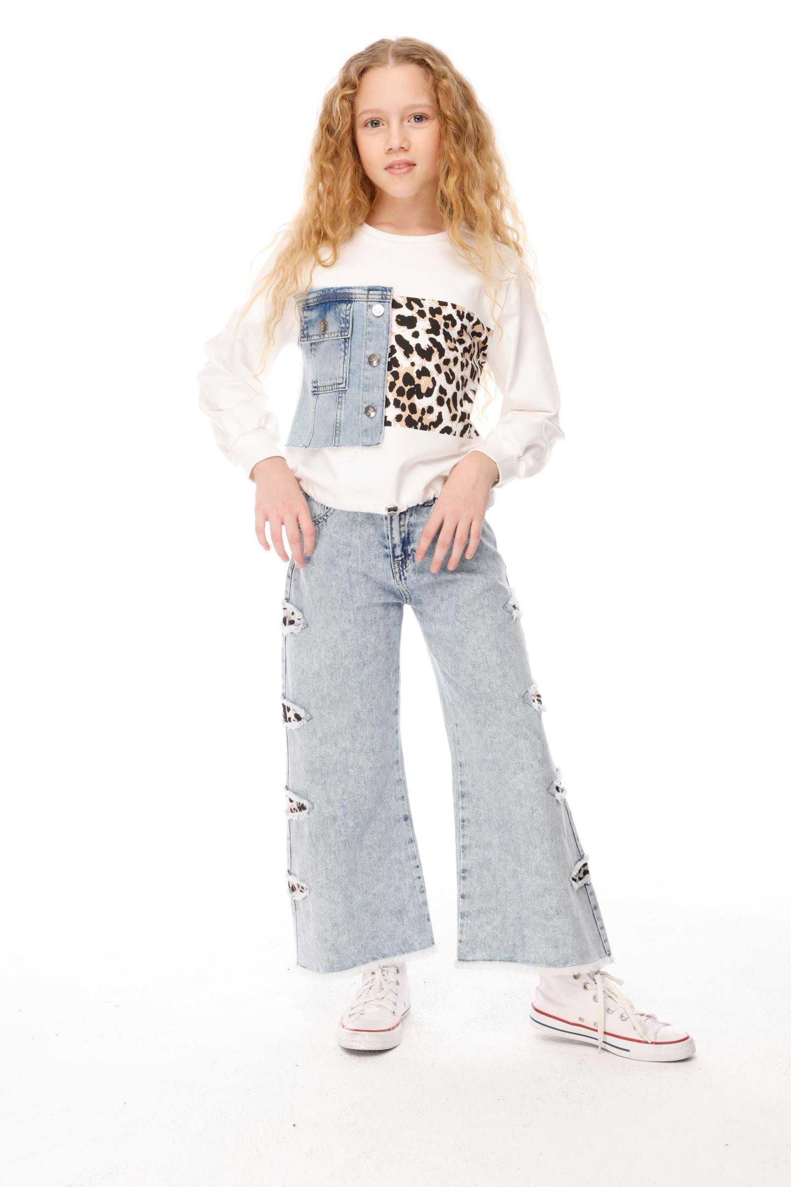 Jena Kız Çocuk Leopar Denim Pantolon 7-14 Yaş Mavi