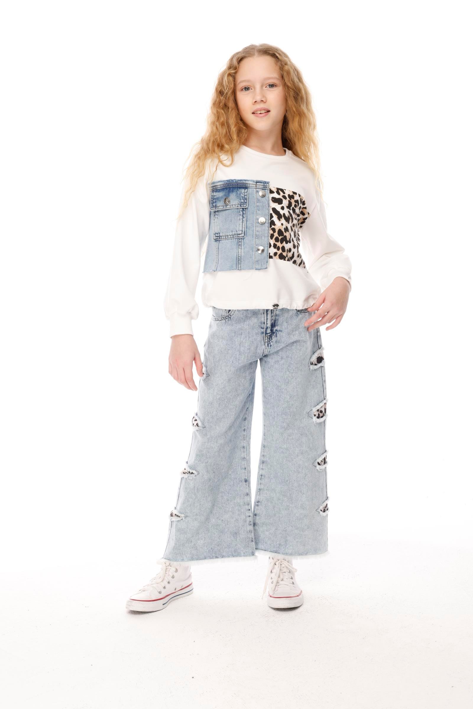 Jena Kız Çocuk Leopar Denim Pantolon 7-14 Yaş Mavi