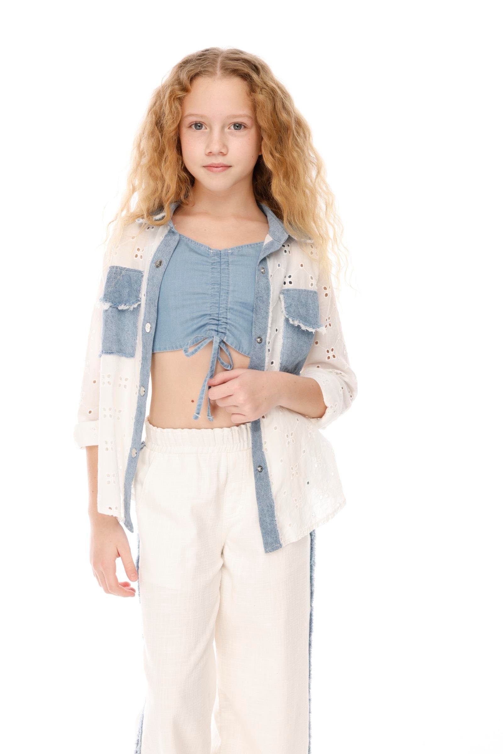 Jena Kız Çocuk Önü Büzgülü Askılı Bluz 7-14 Yaş Mavi