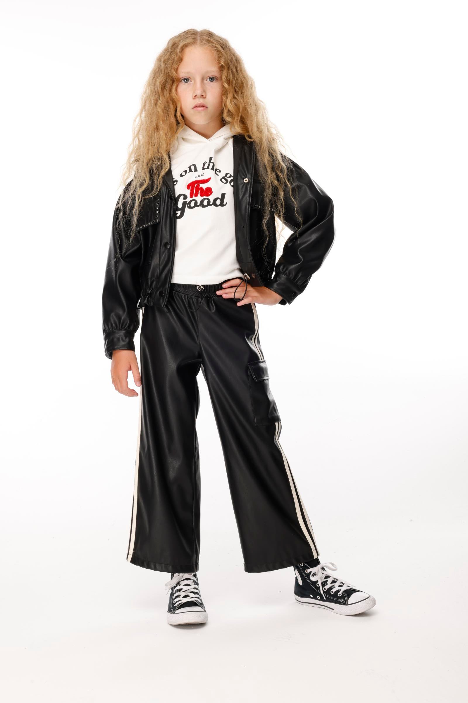 Jena Kız Çocuk Şeritli Deri Pantolon 9-14 Yaş SİYAH