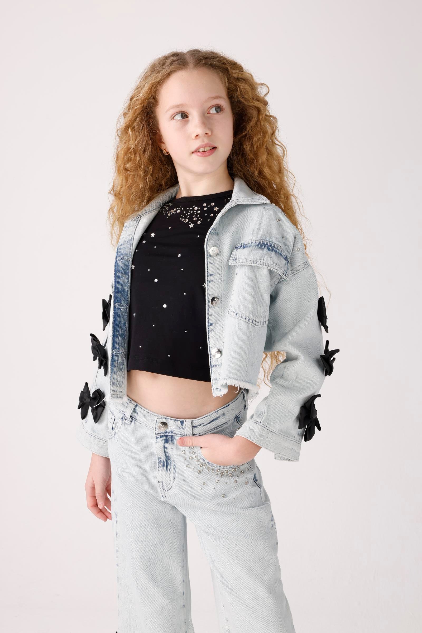 Jena Kız Çocuk Taşlı Fiyonklu Denim Ceket 8-14 Yaş Mavi