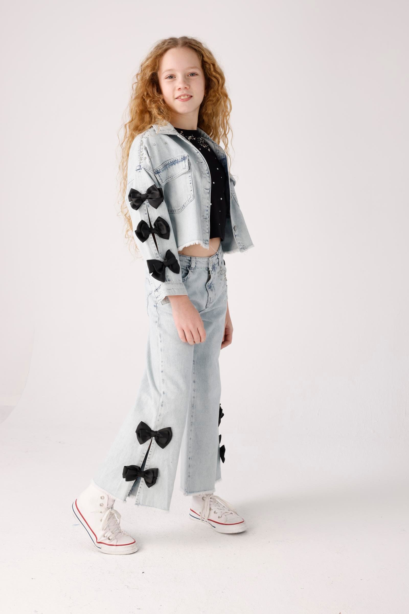 Jena Kız Çocuk Taşlı Fiyonklu Denim Ceket 8-14 Yaş Mavi