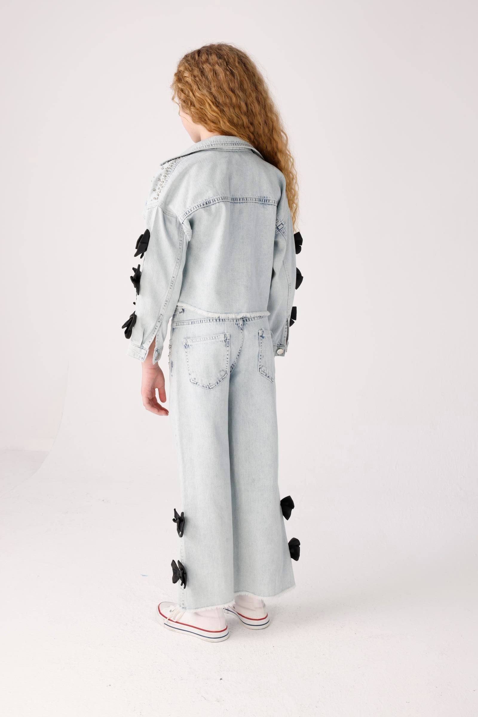 Jena Kız Çocuk Taşlı Fiyonklu Denim Ceket 8-14 Yaş Mavi