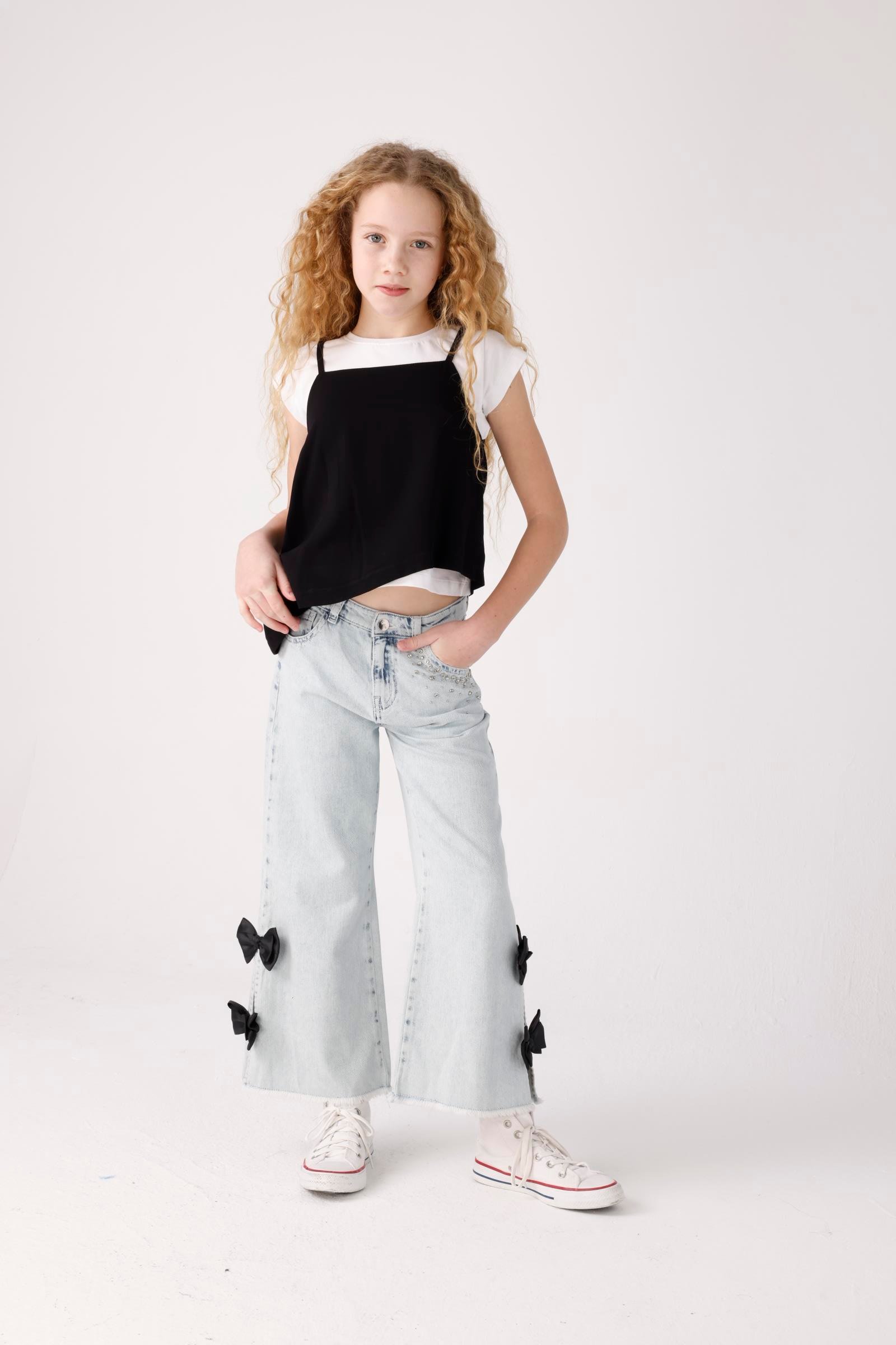 Jena Kız Çocuk Taşlı Fiyonklu Denim Pantolon 8-14 Yaş Mavi