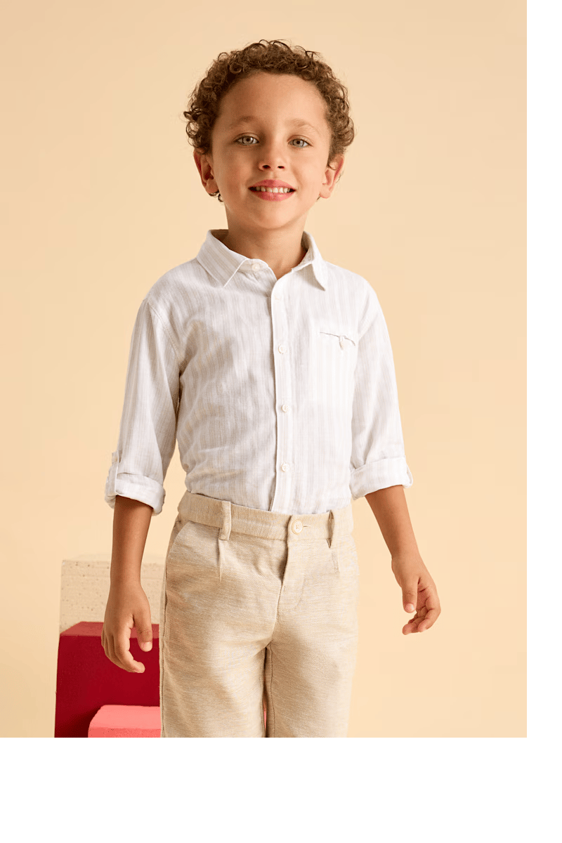 Mayoral Erkek Çocuk Cizgili Keten Gömlek 4-8 Yaş Ekru