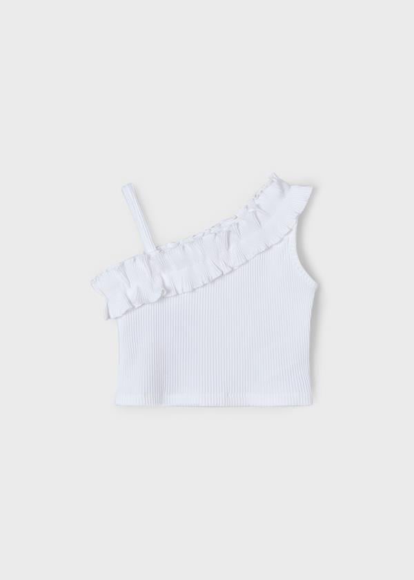 Mayoral Kız Çocuk Fırfırlı Asimetrik Tshirt 4-8 Yaş Beyaz