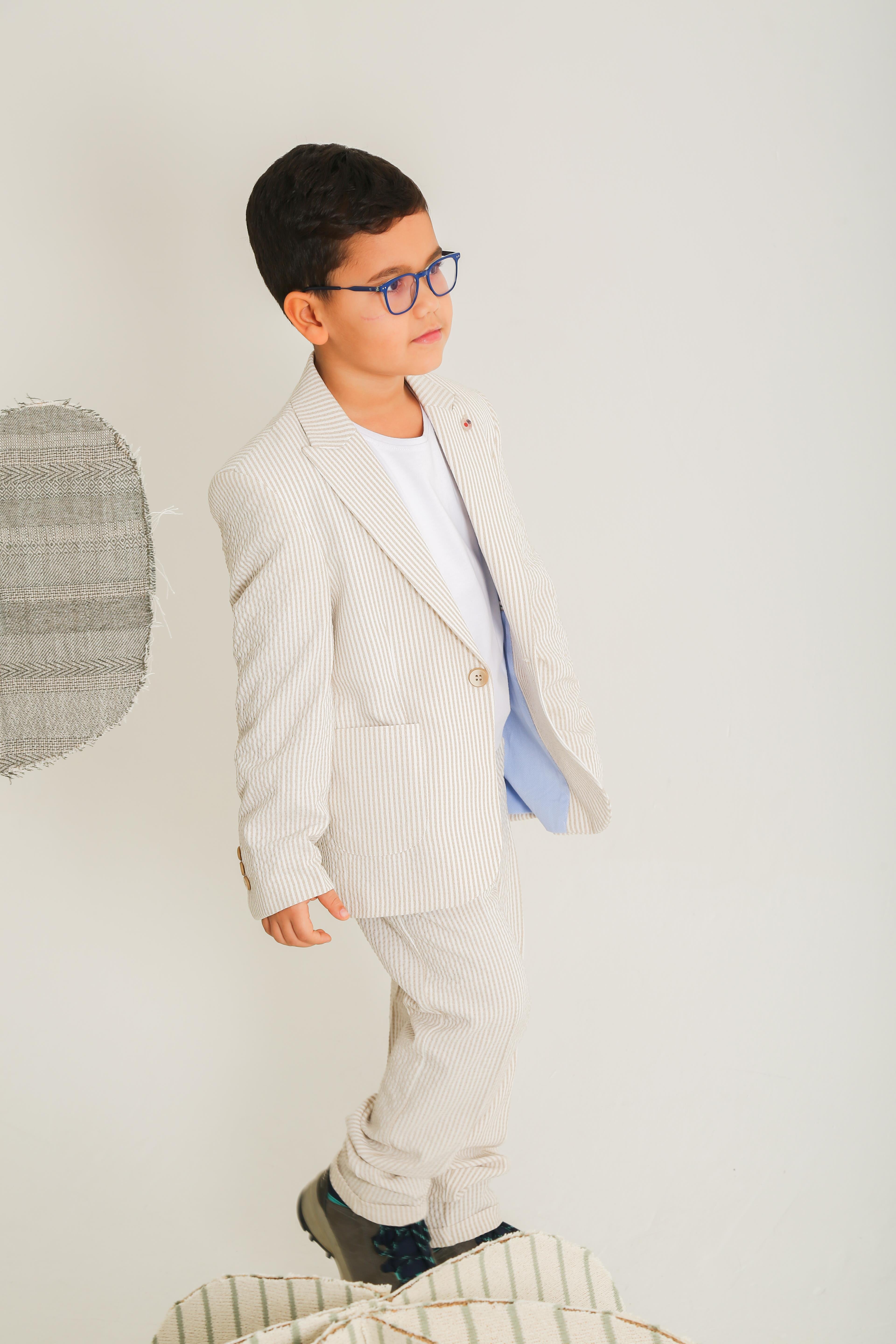 Nanica Erkek Çocuk Çizgili 3'lü Takım Elbise 9-14 Yaş Bej