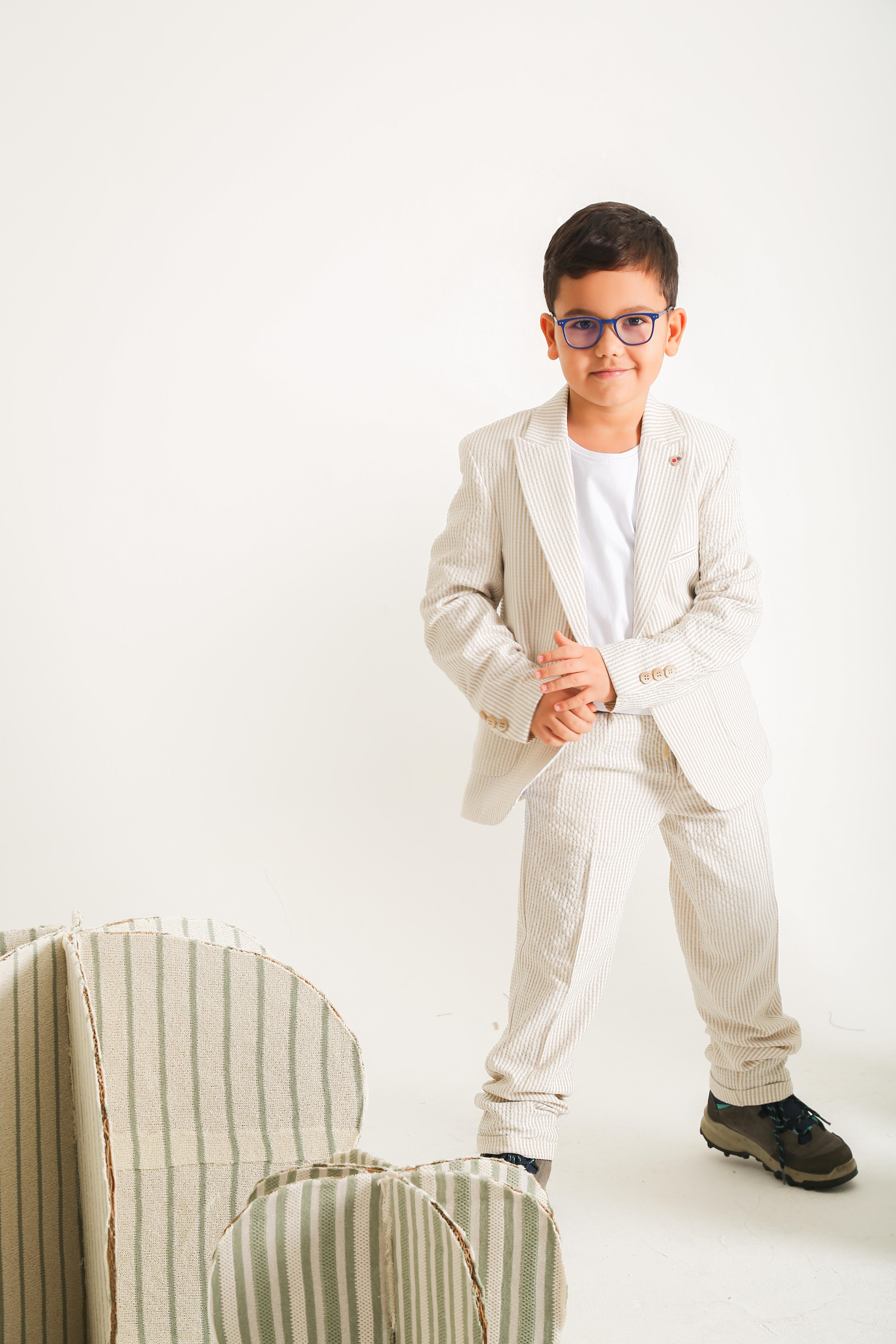 Nanica Erkek Çocuk Çizgili 3'lü Takım Elbise 9-14 Yaş Bej