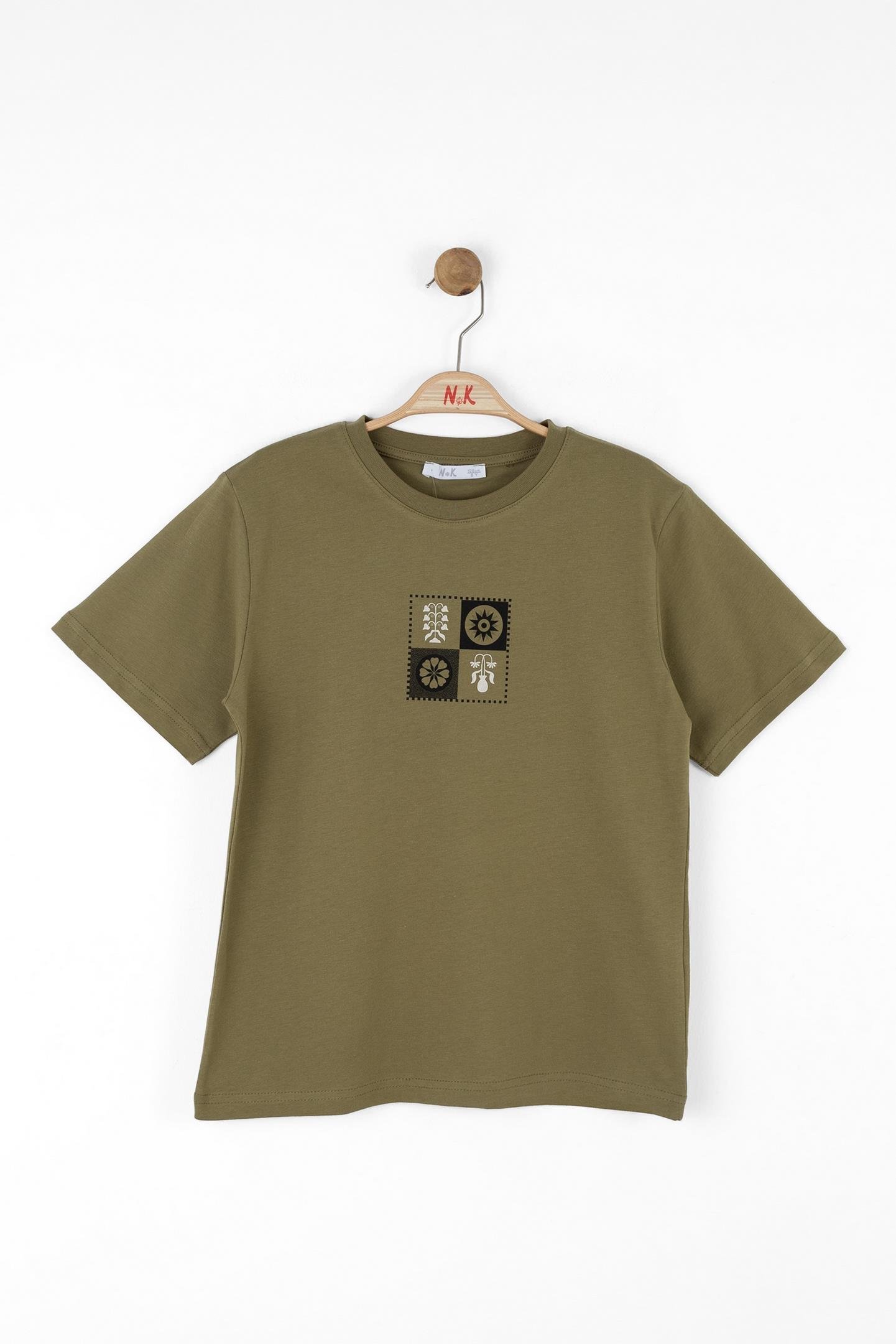 Nk Erkek Çocuk Motif Desen Tshirt 8-14 Yaş Haki