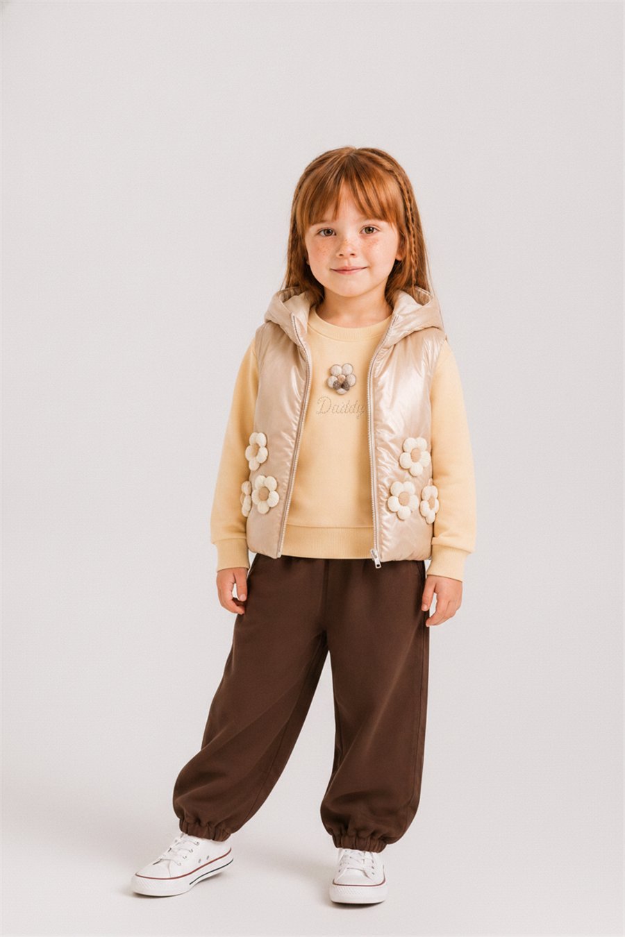 Nk Kız Bebek Papatyalı Yelek 1-4 Yaş Camel