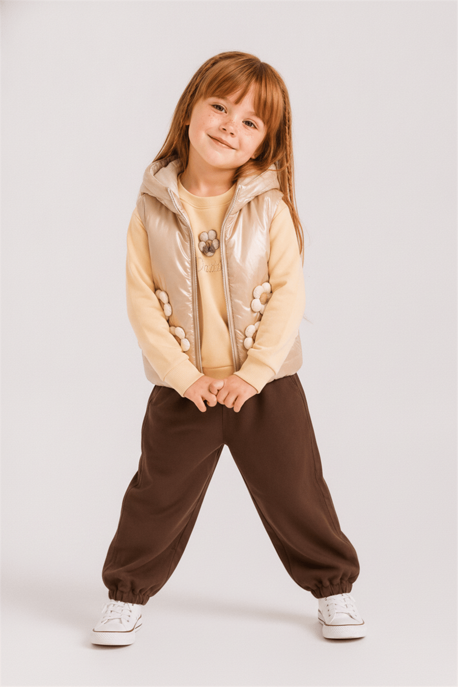 Nk Kız Bebek Papatyalı Yelek 1-4 Yaş Camel