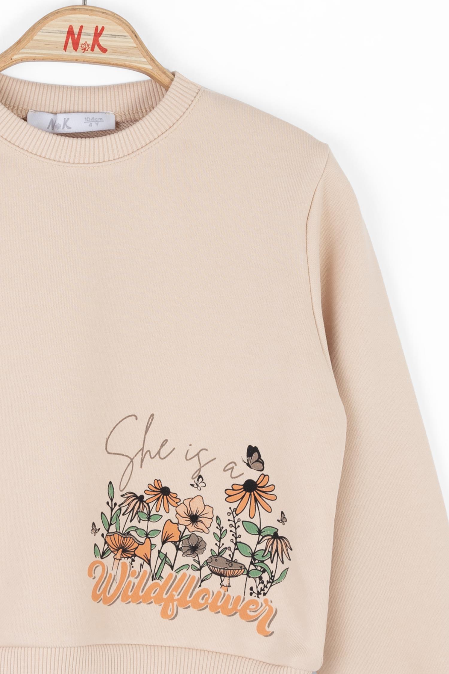 Nk Kız Çocuk Desenli Sweatshirt 4-8 Yaş KREM