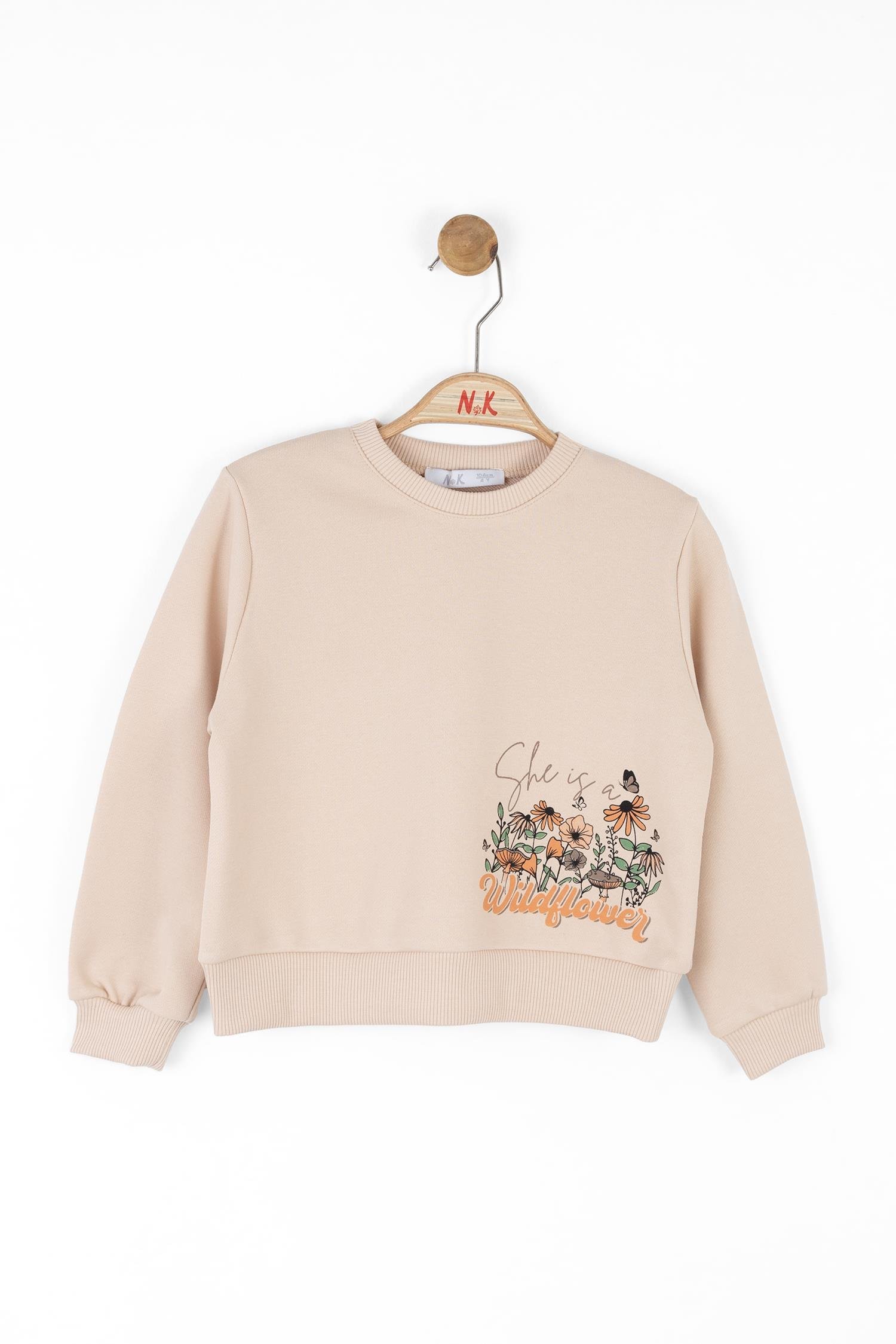 Nk Kız Çocuk Desenli Sweatshirt 4-8 Yaş KREM