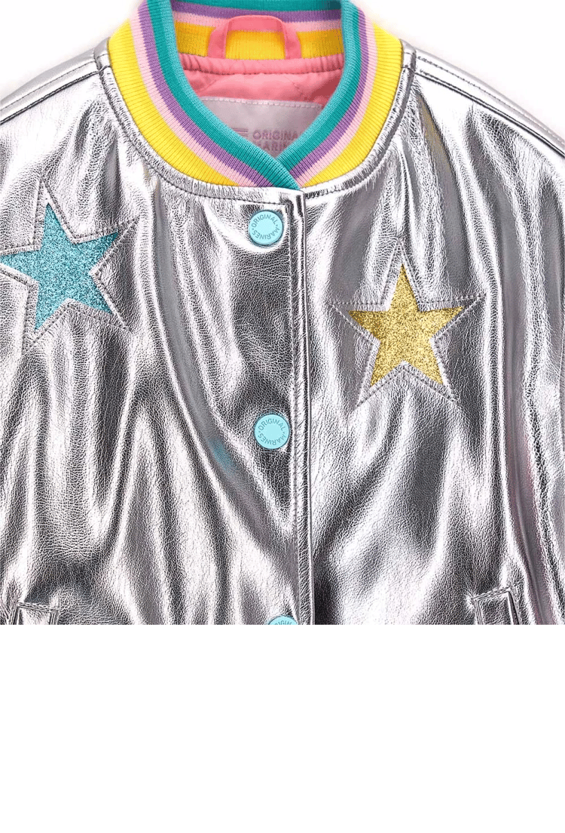 Orginal Marines Kız Çocuk Suni Deri Yıldız Ceket 2-9 Yaş Gümüş