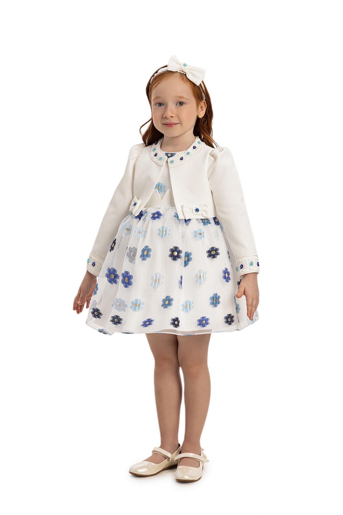 Pamina Kız Bebek Bolero ve Saç Aksesuarı Elbise 6-24 Ay Mavi