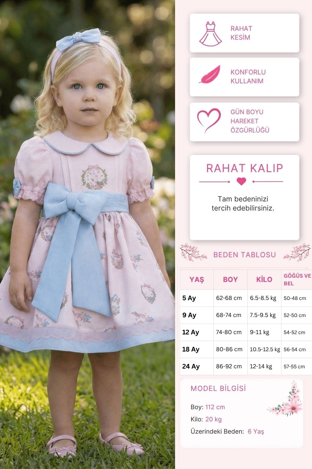 Pamina Kız Bebek Çicek Baskılı Elbise 6-24 Ay Pembe