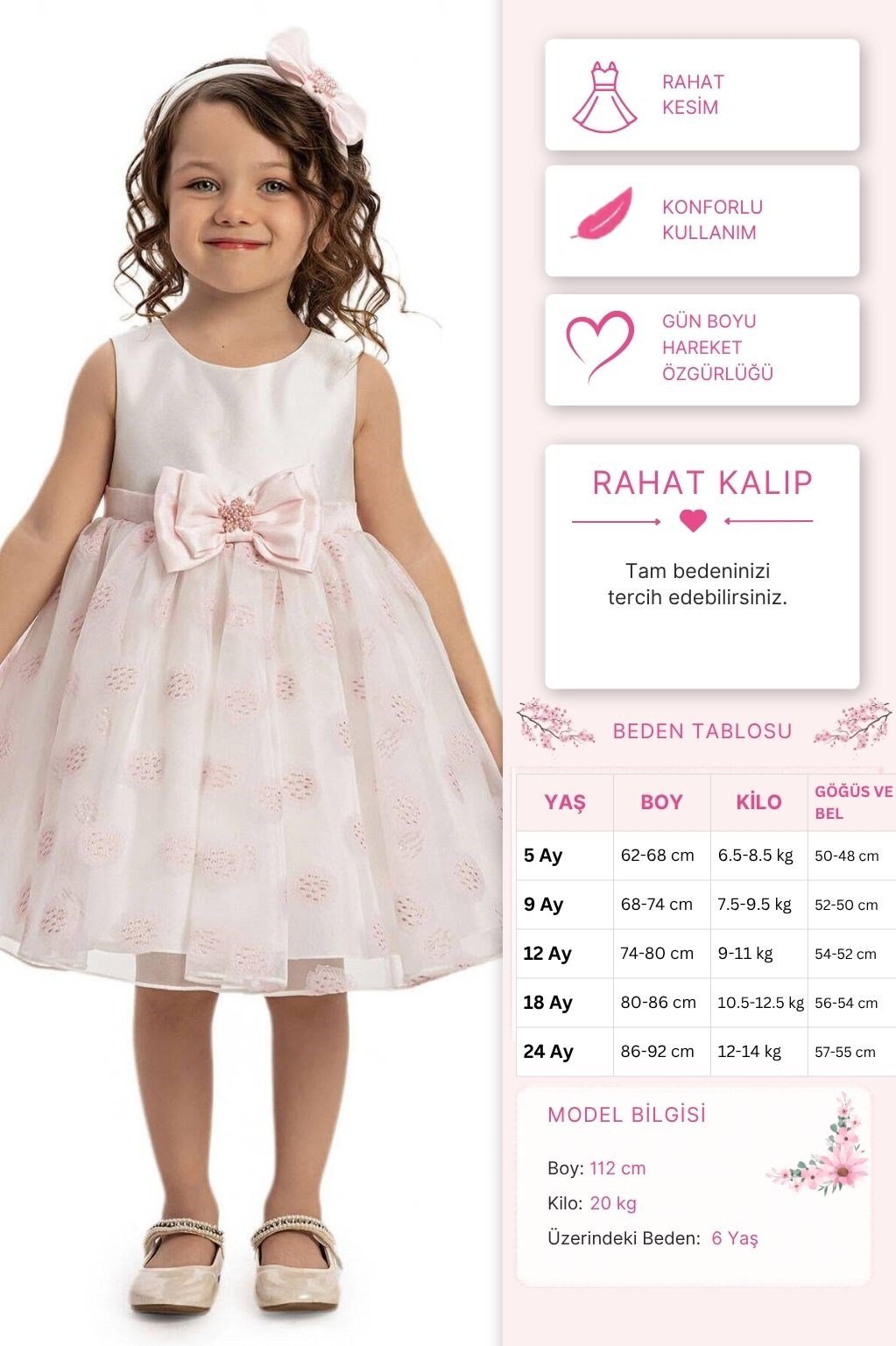 Pamina Kız Bebek Fiyonklu Elbise 6-24 Ay Pudra