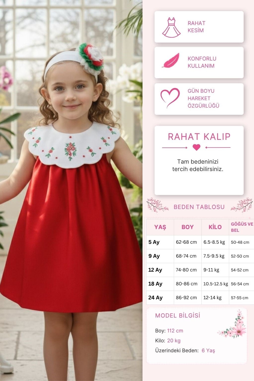 Pamina Kız Bebek İşlemeli Yaka ve Saç Bandlı Elbise 6–24 Ay Kırmızı