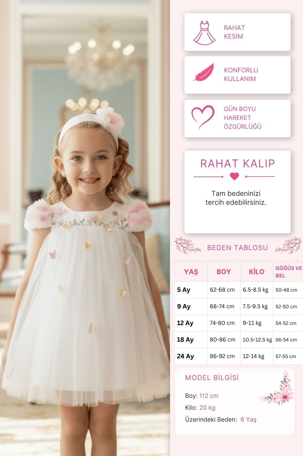 Pamina Kız Bebek Kelebek İşlemeli Saç Bantlı Elbise  6-24 Ay Ekru