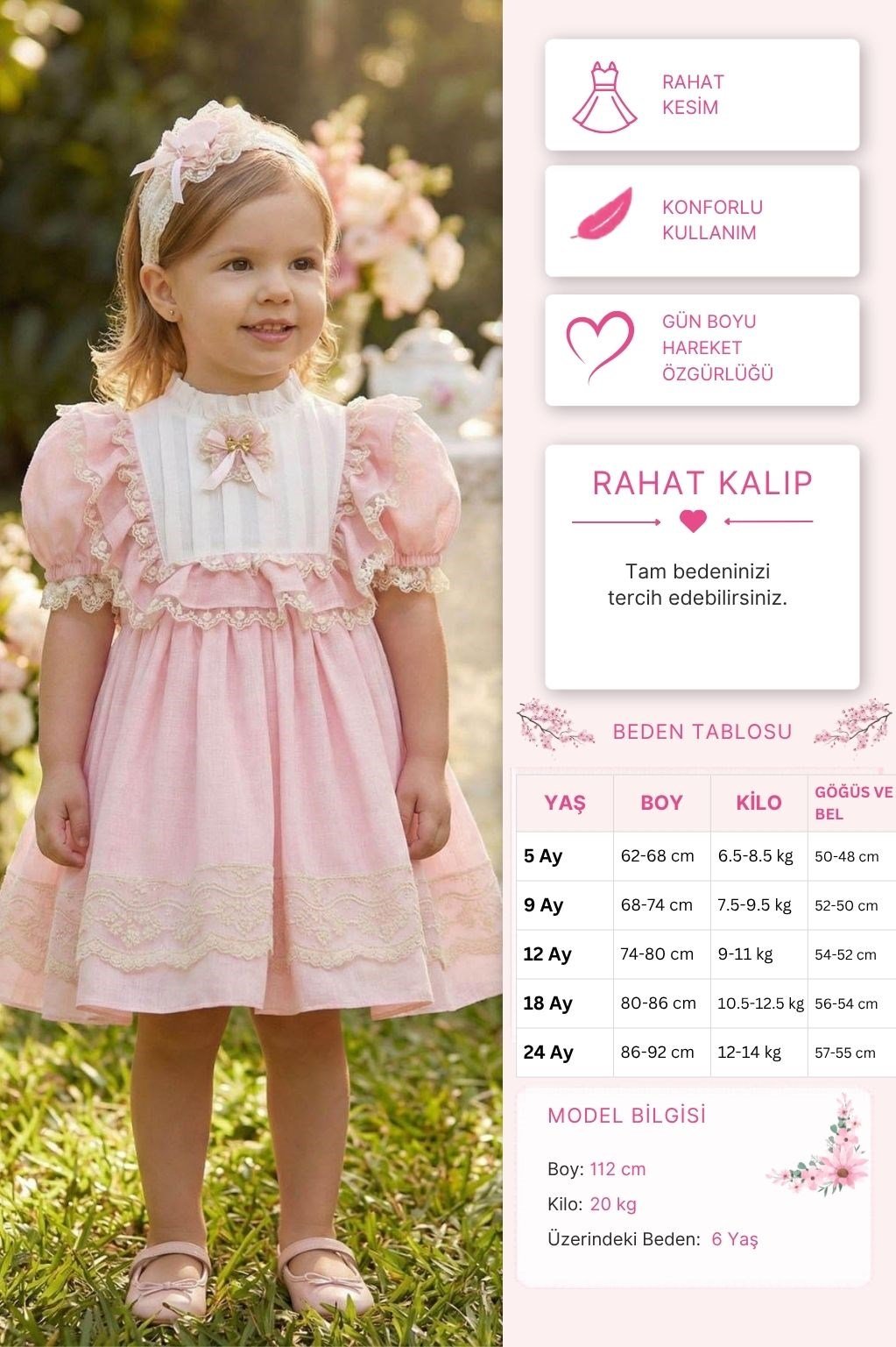 Pamina Kız Bebek Vintage Dantelli Elbise ve Saç Bandı 6-24 Ay Pembe