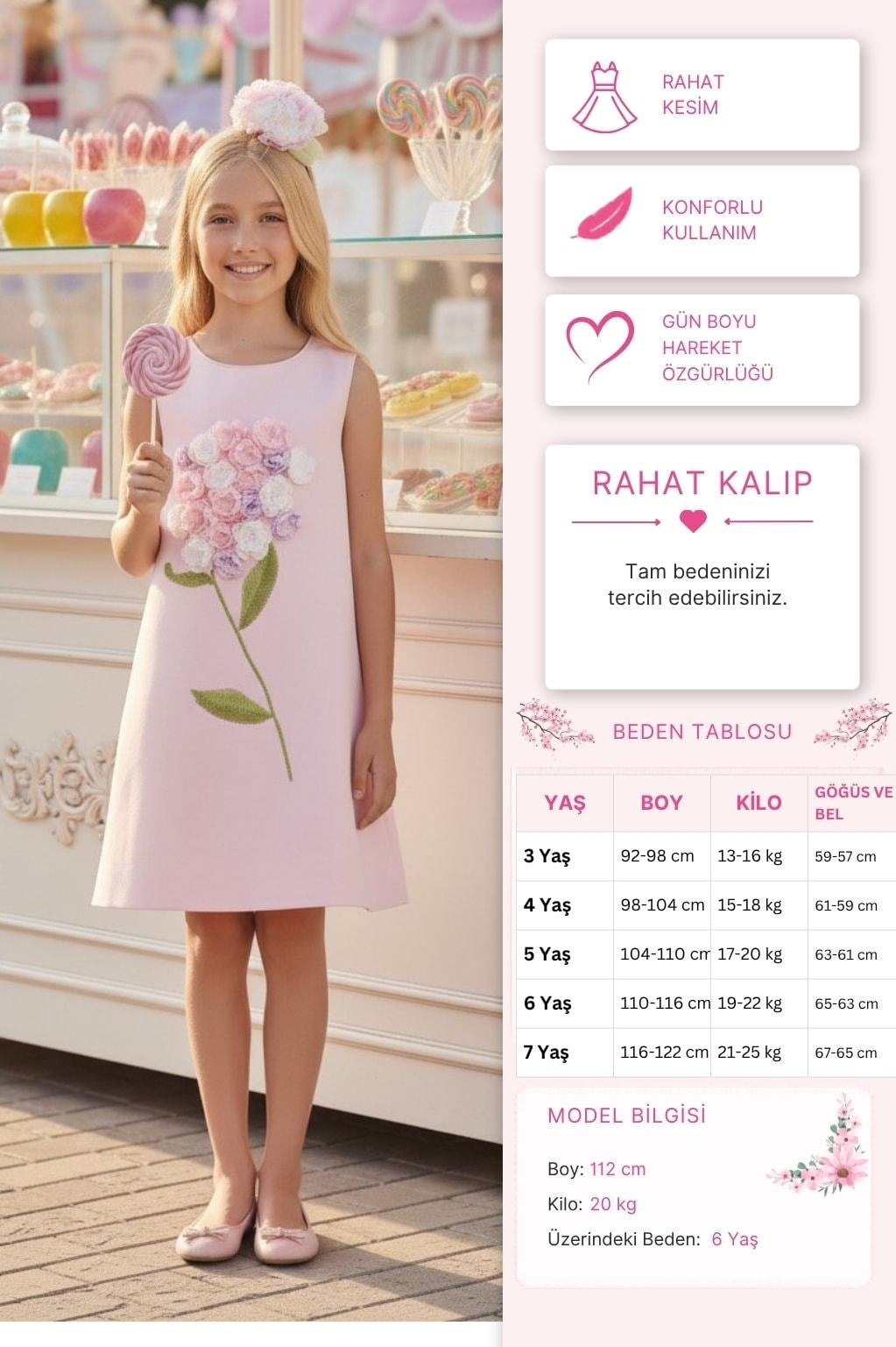 Pamina Kız Çocuk 3D Çiçek Buketi Elbise ve Saç Bandı 3-7 Yaş Pudra