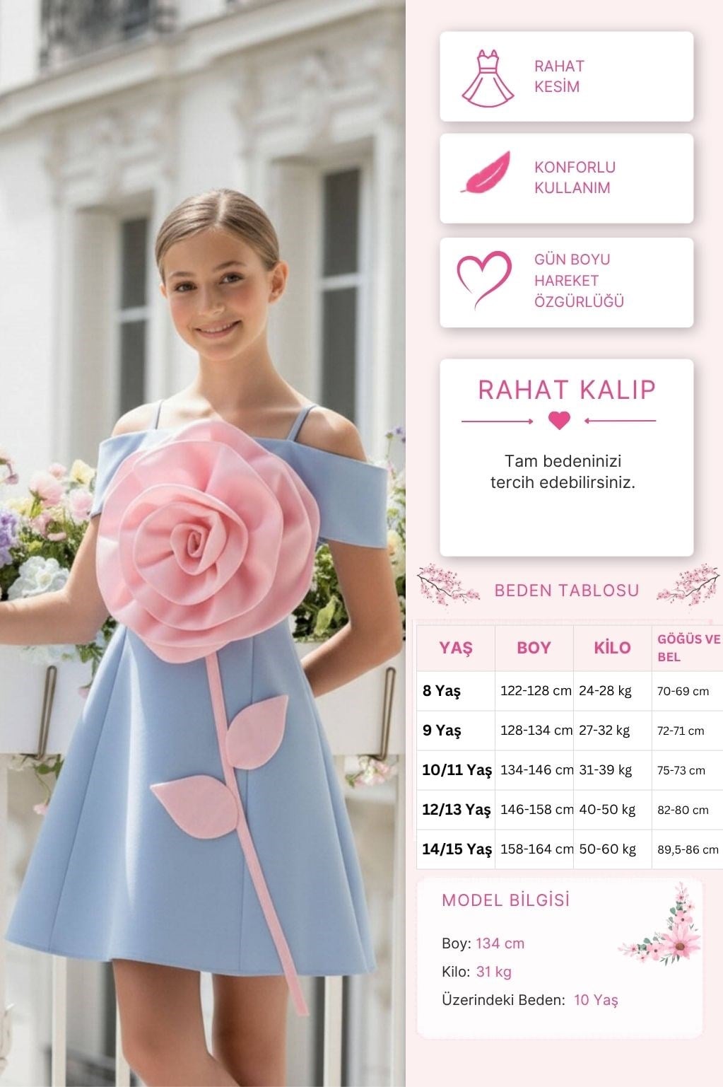 Pamina Kız Çocuk 3D Gül Detaylı Elbise 8-15 Yaş Mavi