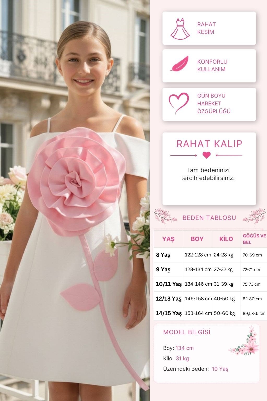 Pamina Kız Çocuk 3D Gül Detaylı Elbise 8-15 Yaş Ekru