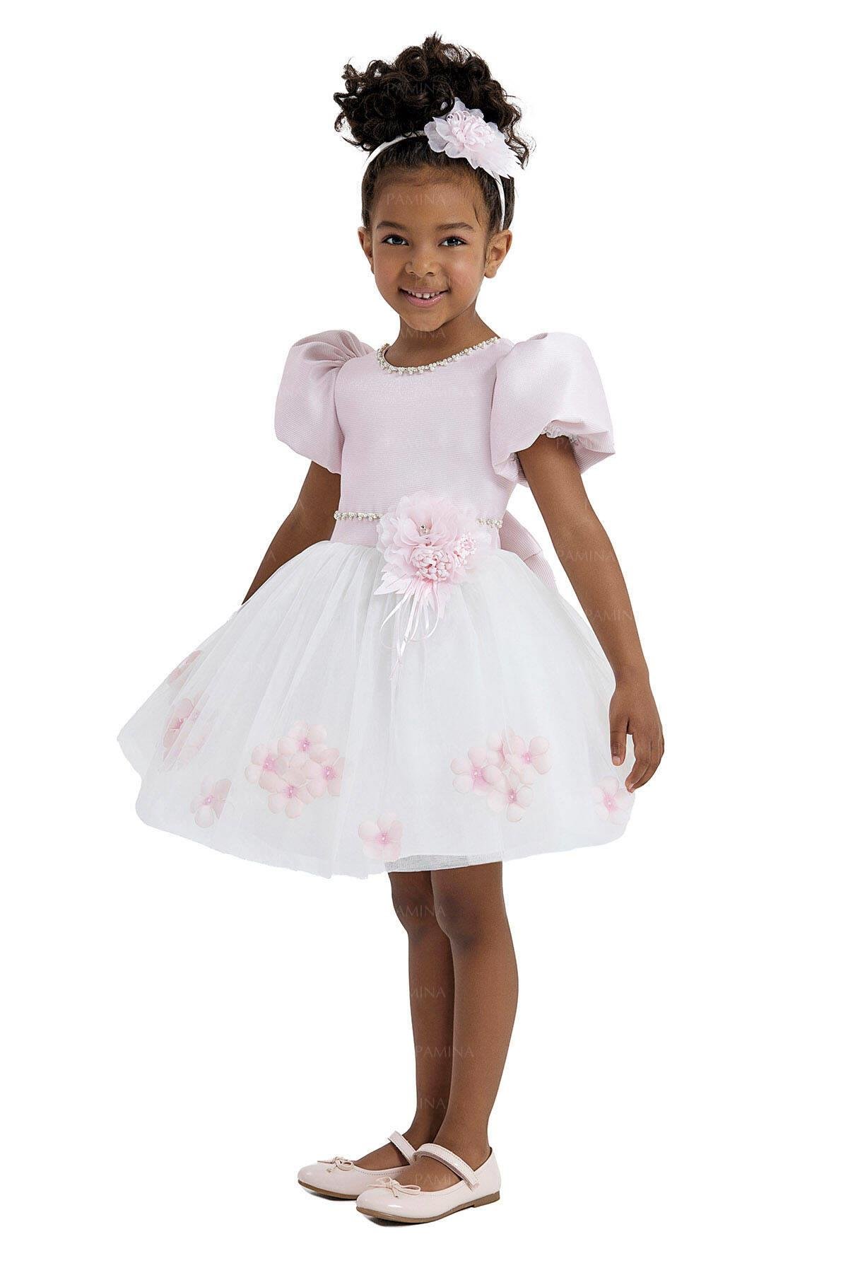 Pamina Kız Çocuk Balon Etekli Elbise 2-6 Yaş Pudra