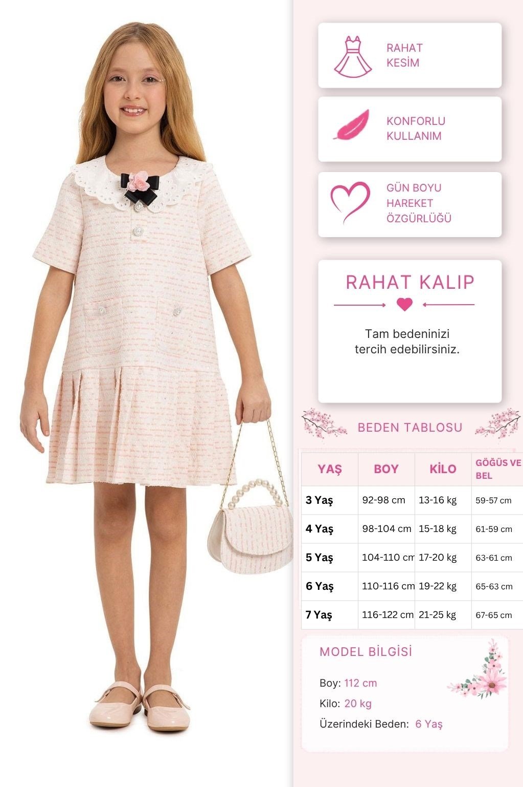 Pamina Kız Çocuk Çantalı Şık Elbise 3-7 Yaş Pembe