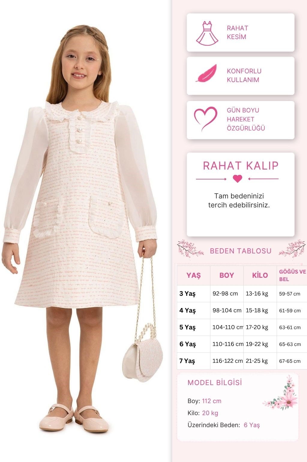 Pamina Kız Çocuk Çantalı Şık Elbise 3-7 Yaş Pembe