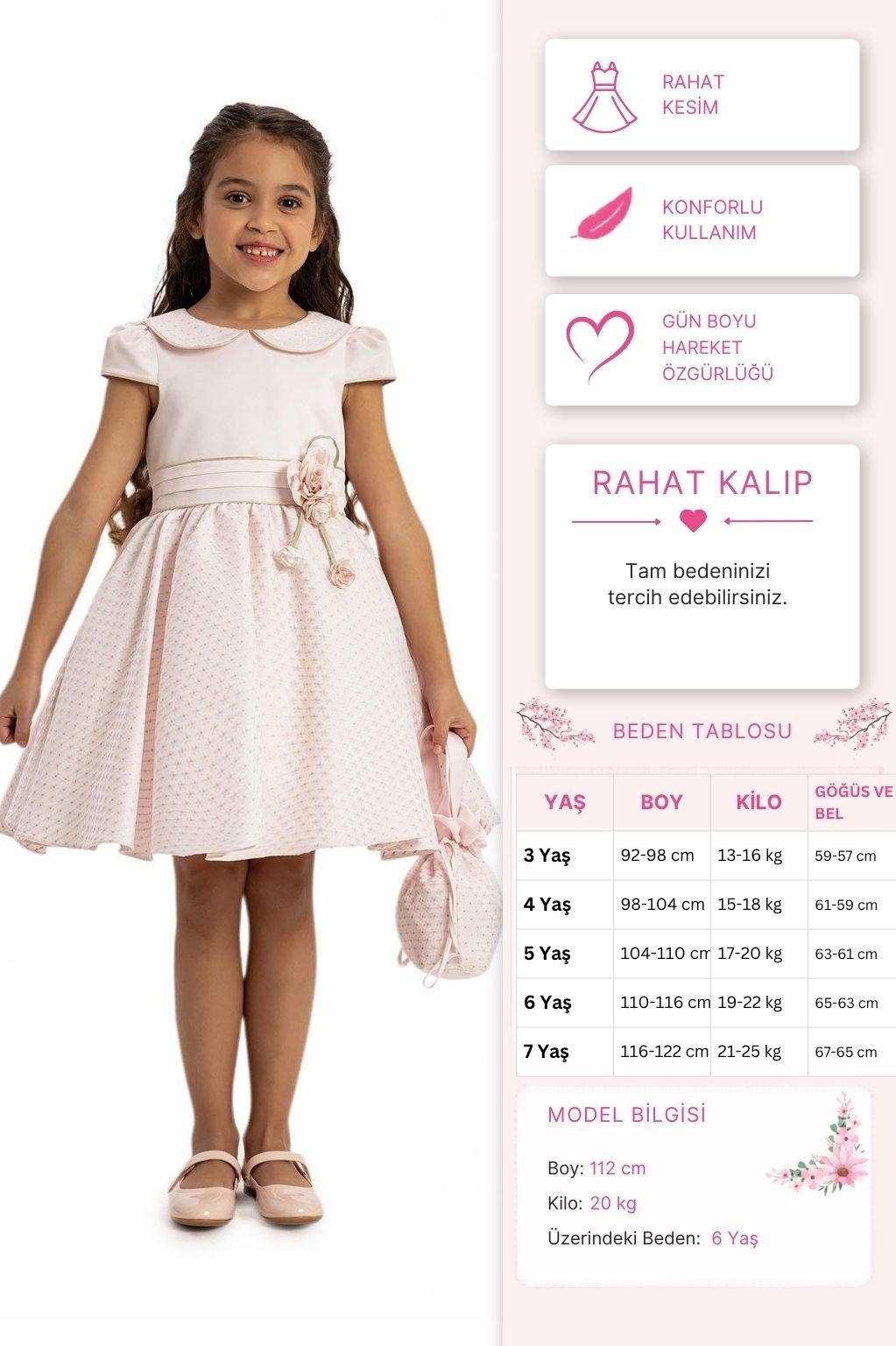 Pamina Kız Çocuk Çiantalı Elbise 3-7 Yaş Pudra