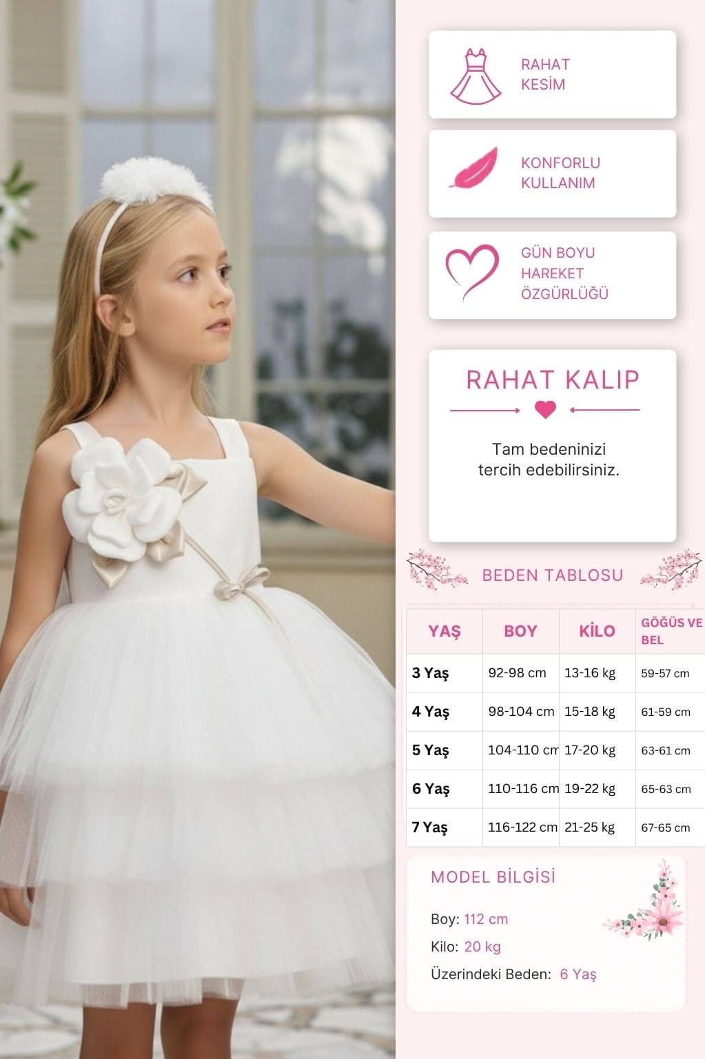 Pamina Kız Çocuk Çiçek Aplike ve Saç Bandlı aBİYE Elbise  3-7 Yaş Ekru